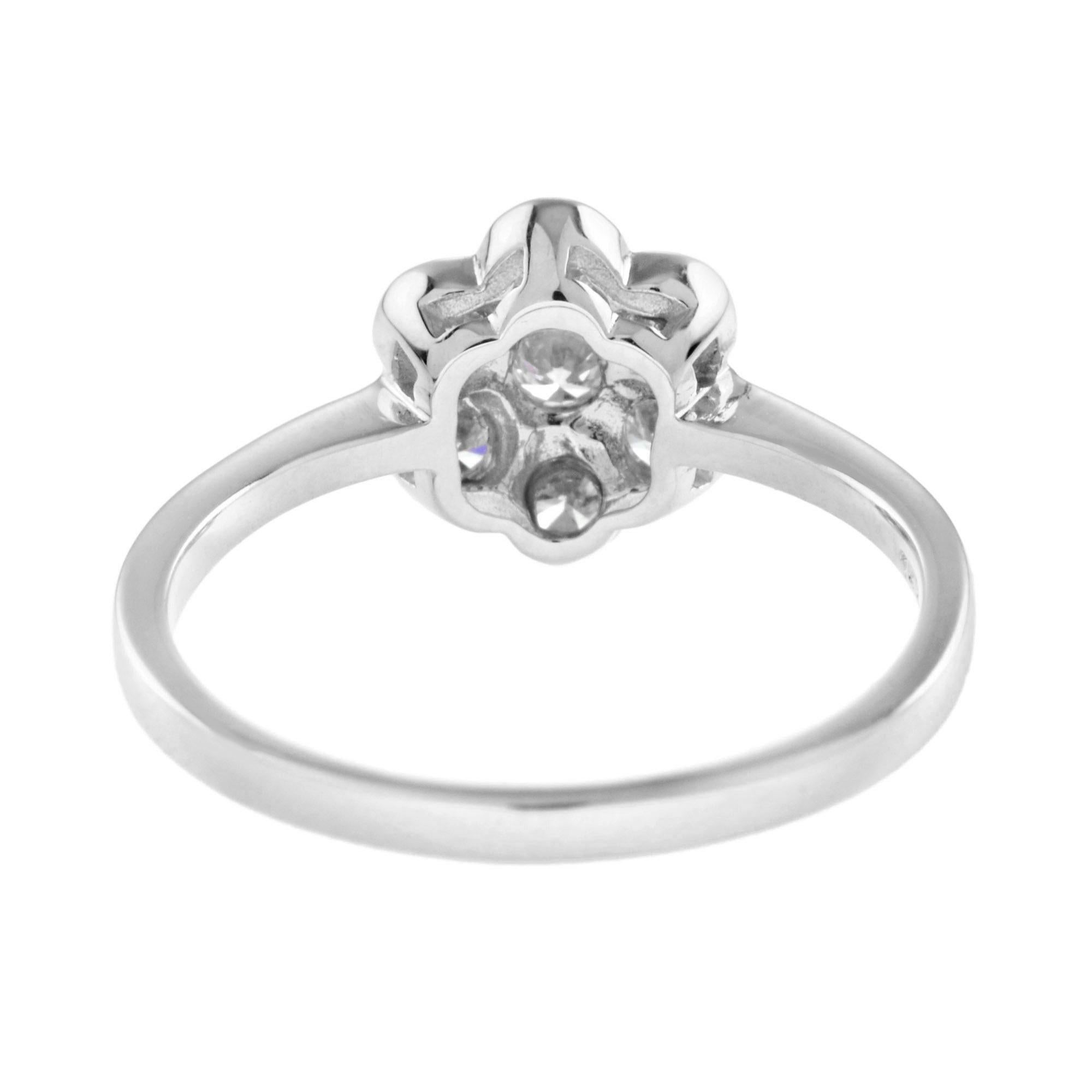 Round Cut Diamond Floral Flower Cluster 14K White Gold Ring For Sale