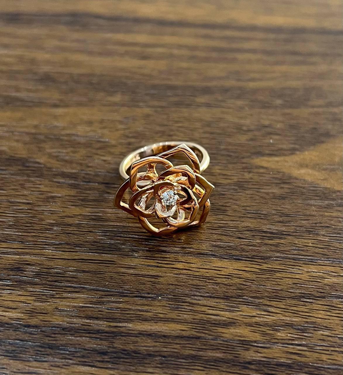 Diamond Floral Flower Lotus Petal Rose 14K Rose Gold Statement Cocktail Ring In New Condition For Sale In Oakton, VA