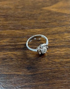 Diamond Floral Flower Petals Motif Baguette 14K White Gold Dainty Statement Ring