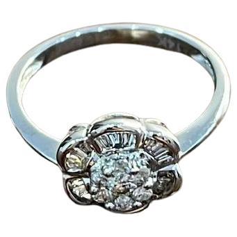 Diamond Floral Flower Petals Motif Baguette 14K White Gold Dainty Statement Ring For Sale