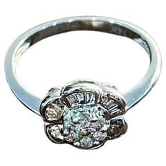 Diamond Floral Flower Petals Motif Baguette 14K White Gold Dainty Statement Ring