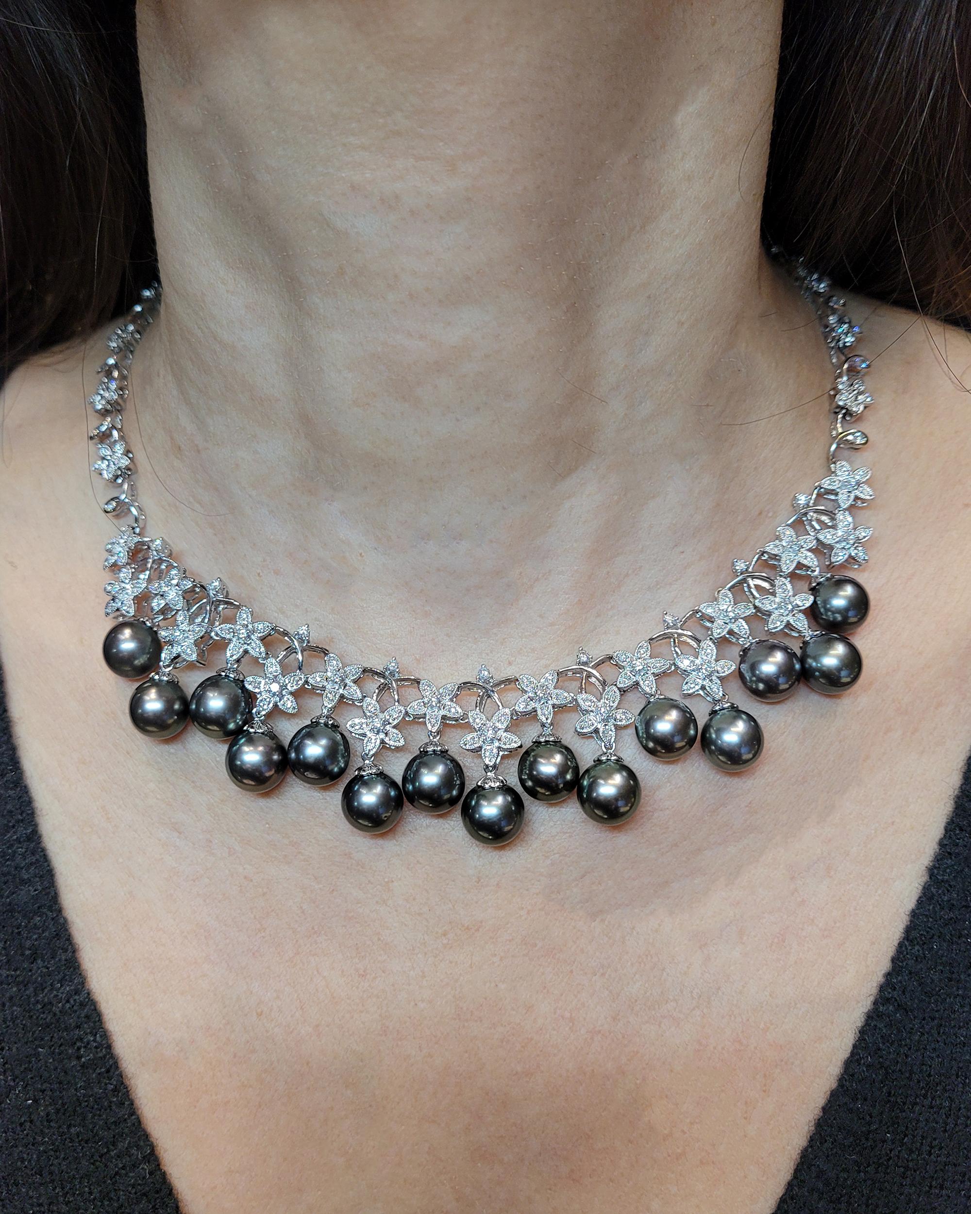 Round Cut Diamond Floral Garland and Tahitian Pearl Necklace