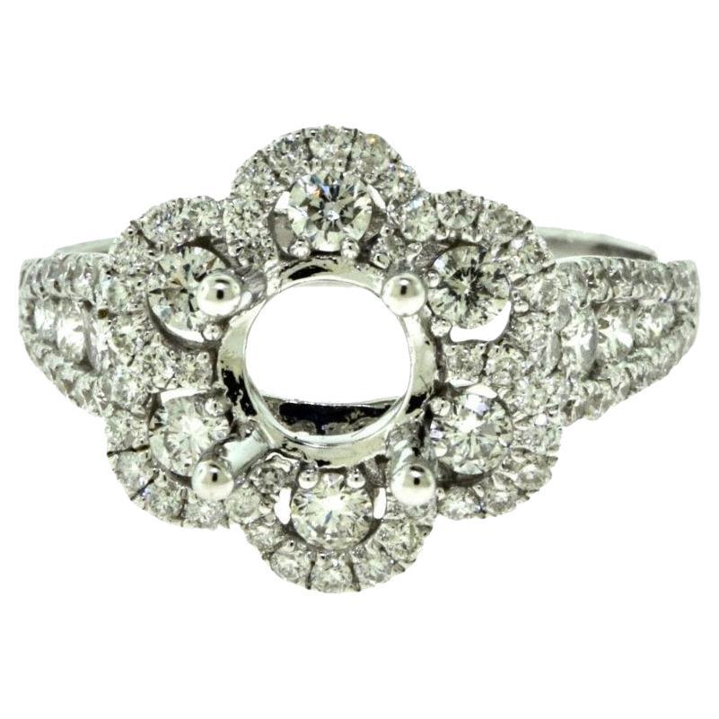 Diamond Floral Halo Engagement Ring Setting in 18k White Gold, 1.3 TCW