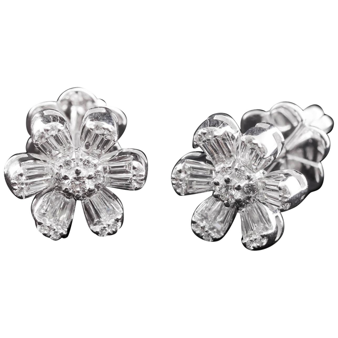 Diamond Floral Illusion Stud Earring in 18 Karat Gold For Sale