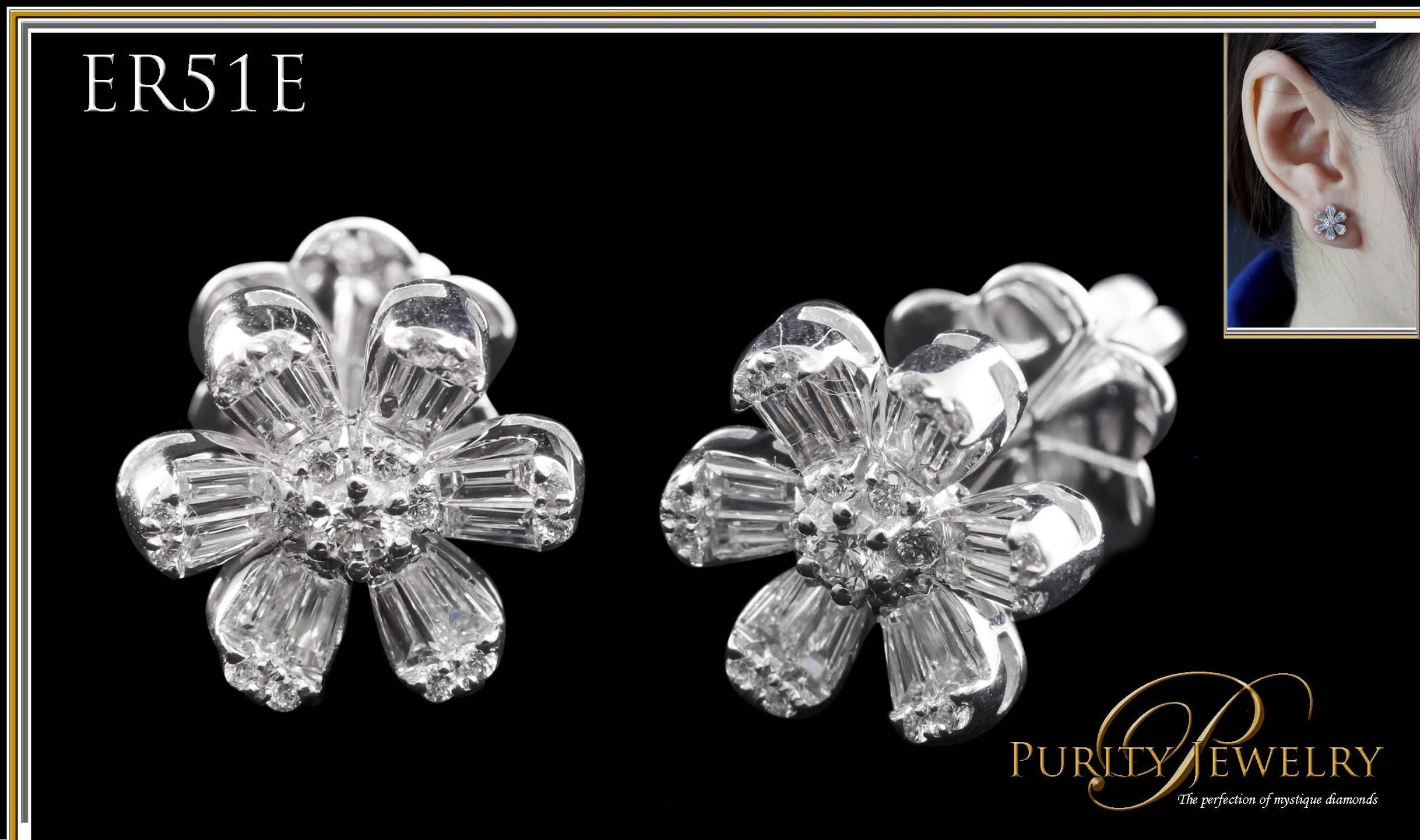 Baguette Cut Diamond Floral Illusion Stud Earring in 18 Karat Gold For Sale