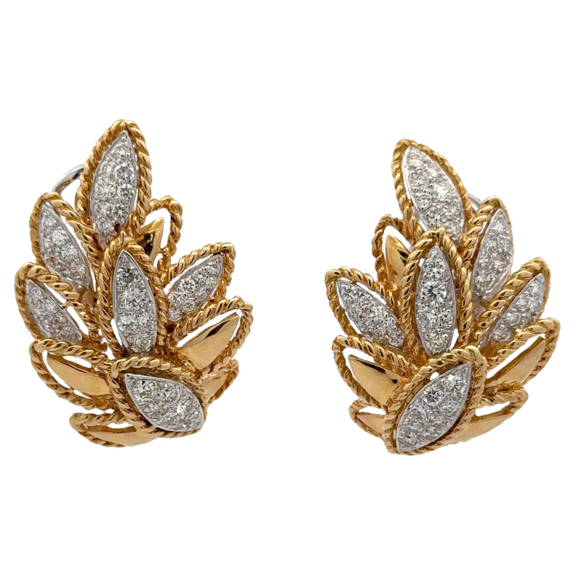 Diamond Floral Leaf Motif Braided Earrings 2.19 Carats 18 Karat Yellow Gold For Sale