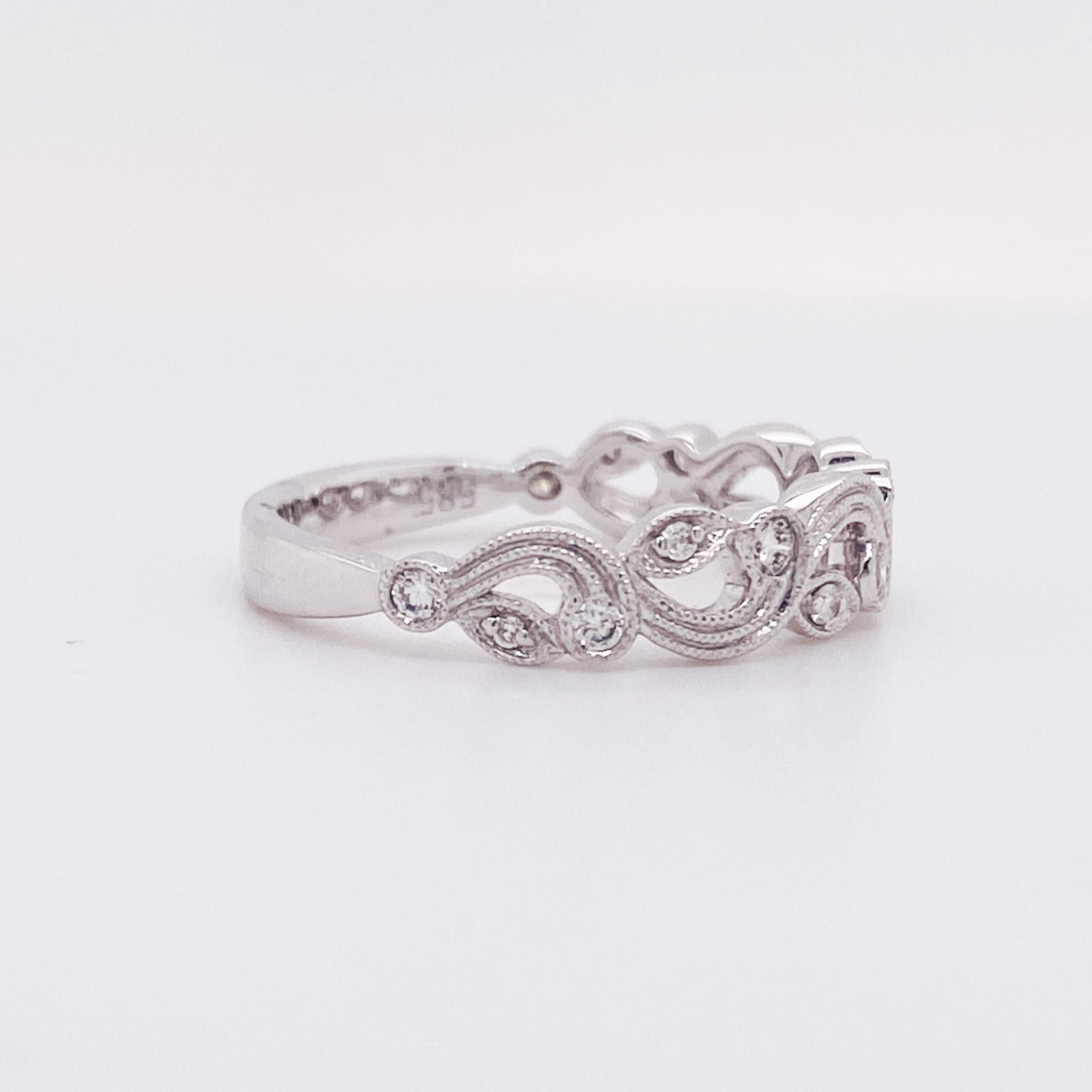 For Sale:  Diamond Floral Milgrain Stackable Band .18 Carat in 14k White Gold Wedding Band 2