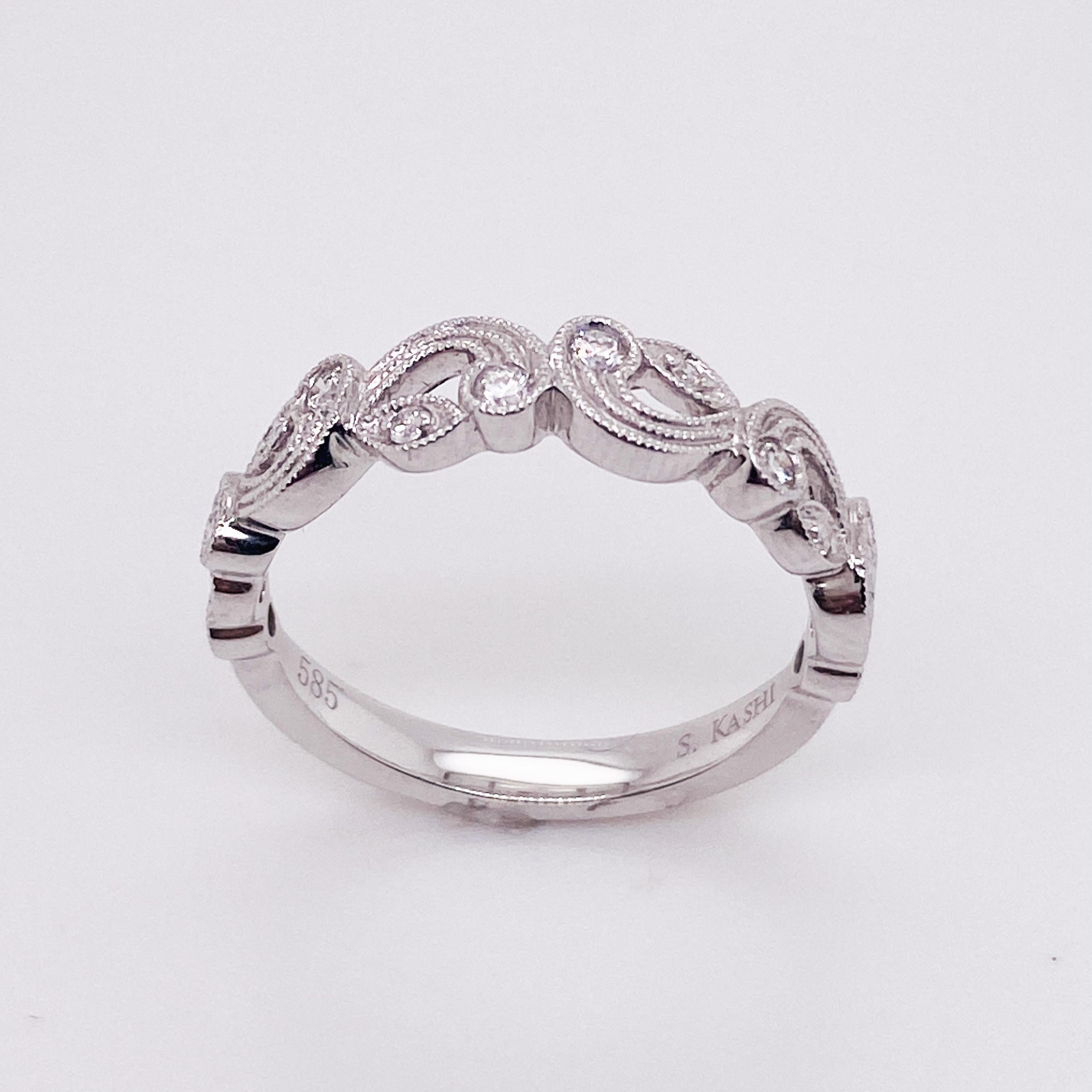 For Sale:  Diamond Floral Milgrain Stackable Band .18 Carat in 14k White Gold Wedding Band 3