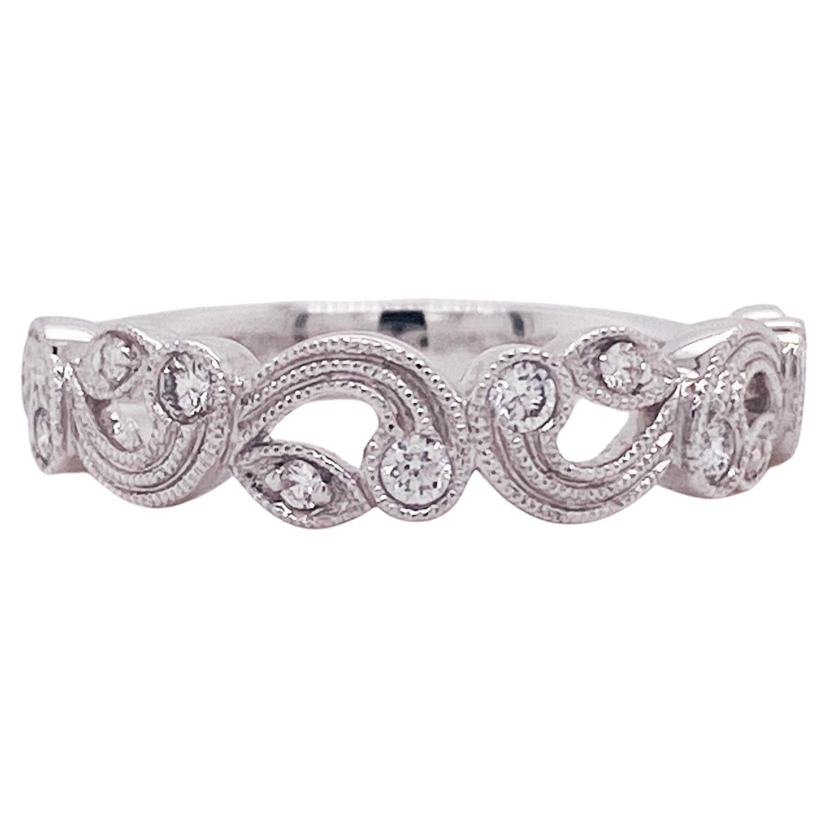 For Sale:  Diamond Floral Milgrain Stackable Band .18 Carat in 14k White Gold Wedding Band