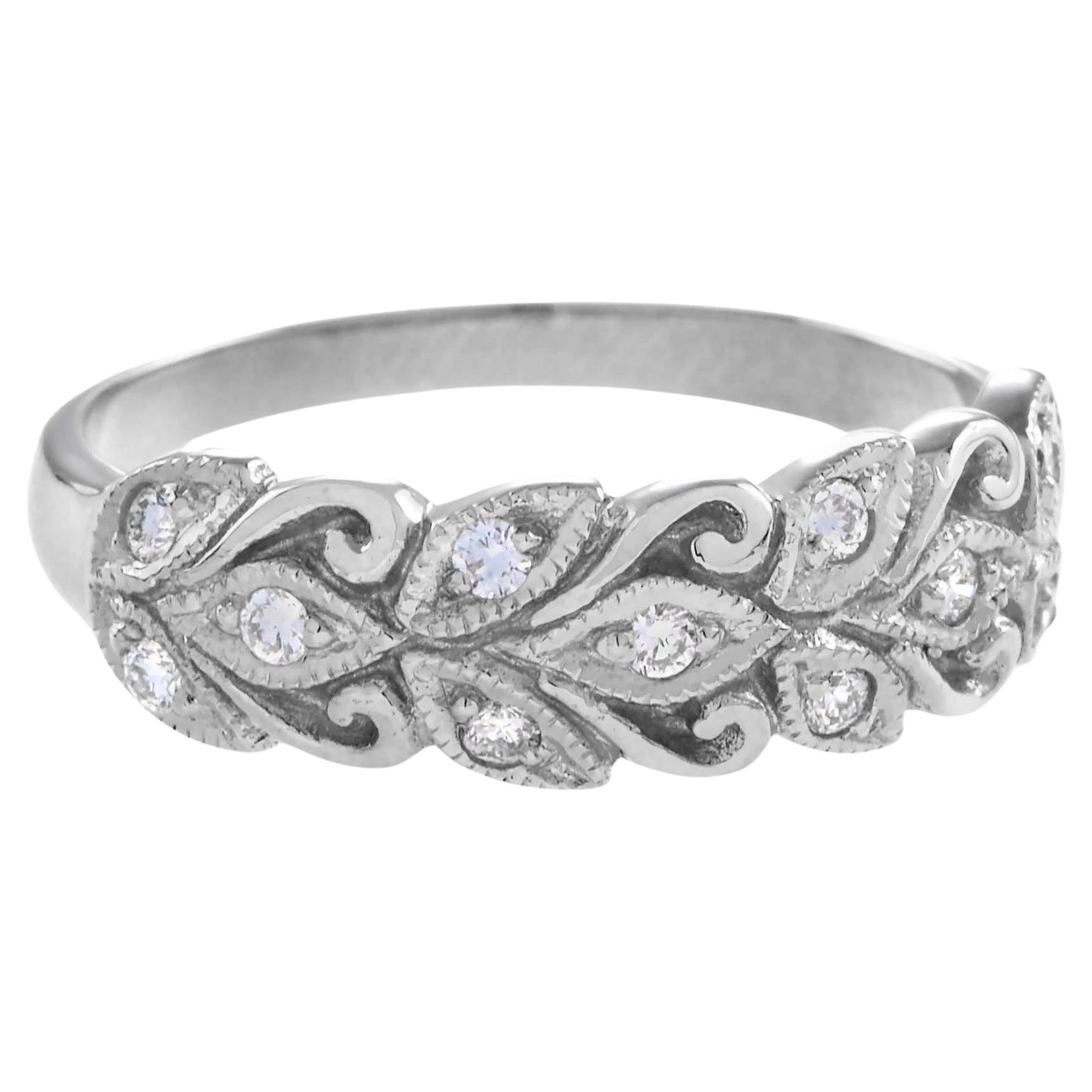 For Sale:  Diamond Floral Motif Band Ring in 9K White Gold