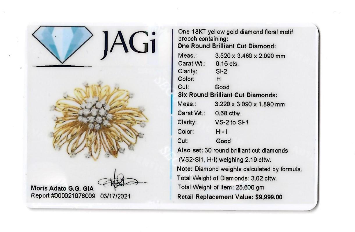 Diamant-Blumenmotiv-Brosche aus 18 Karat Gelbgold und Platin mit insgesamt 3,02 Karat im Angebot 7