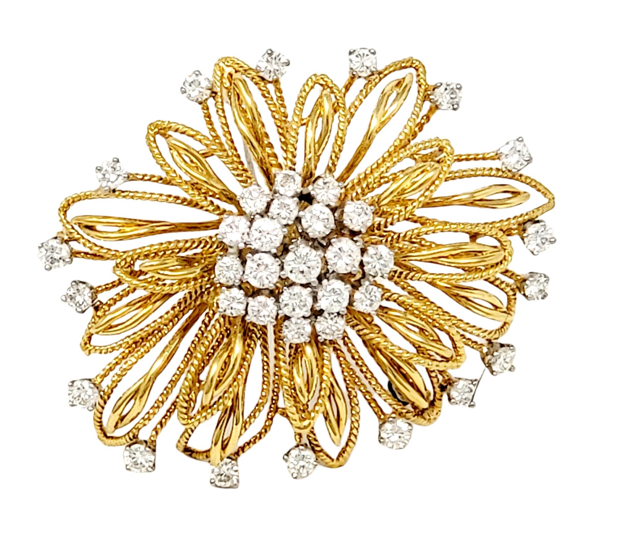 Contemporary Diamond Floral Motif Brooch 18 Karat Yellow Gold and Platinum 3.02 Carats Total For Sale