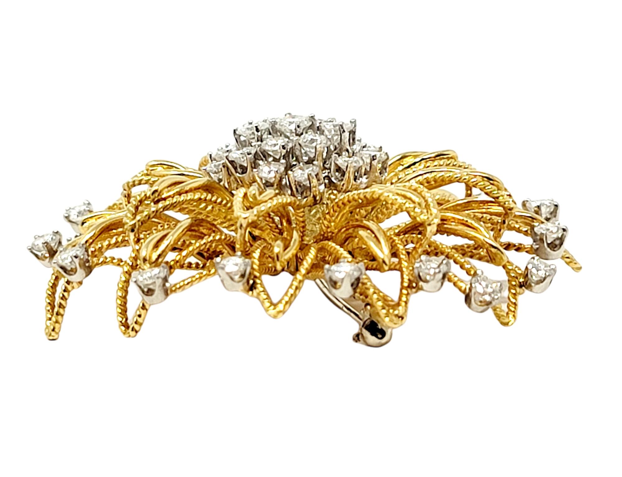 Women's Diamond Floral Motif Brooch 18 Karat Yellow Gold and Platinum 3.02 Carats Total For Sale