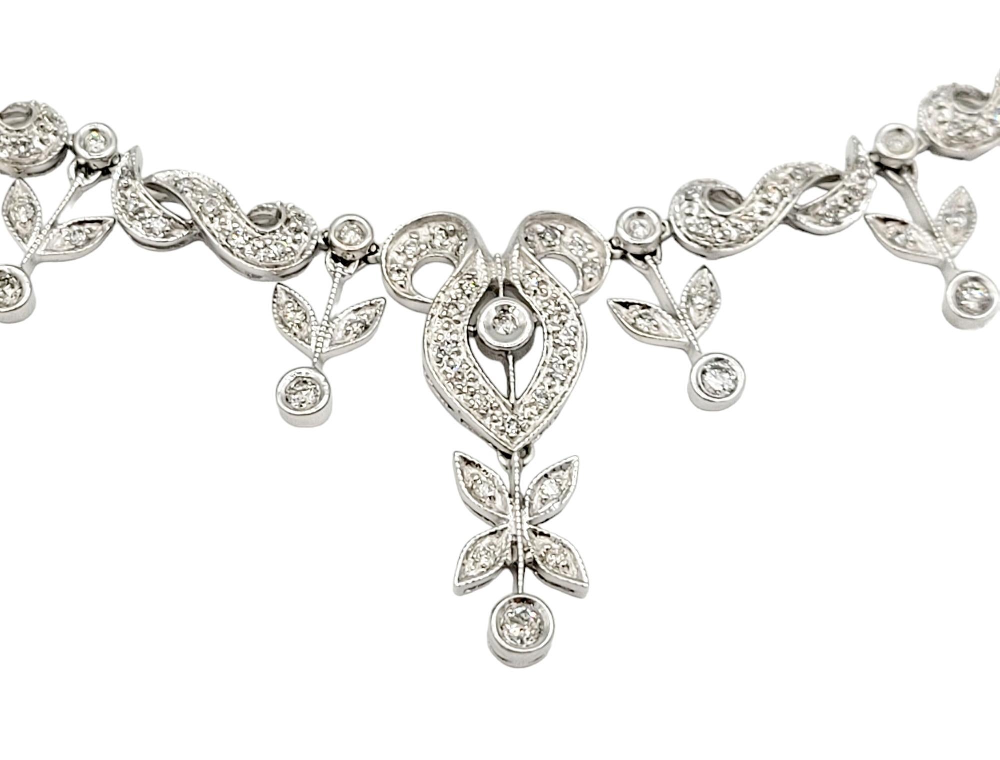Contemporary Diamond Floral Motif Pendant Necklace with Milgrain Set in 18 Karat White Gold For Sale