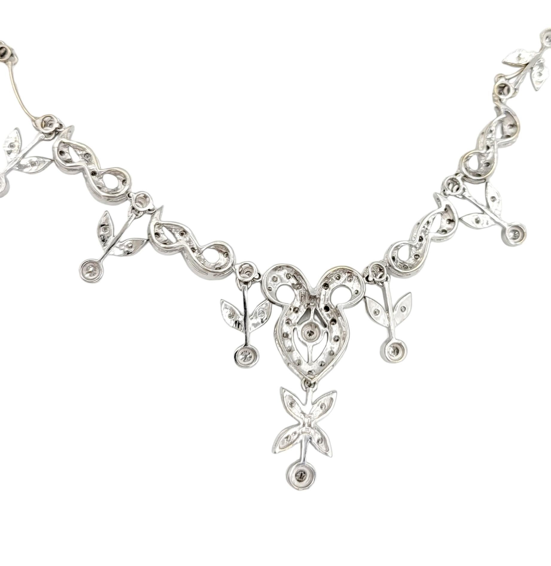 Round Cut Diamond Floral Motif Pendant Necklace with Milgrain Set in 18 Karat White Gold For Sale