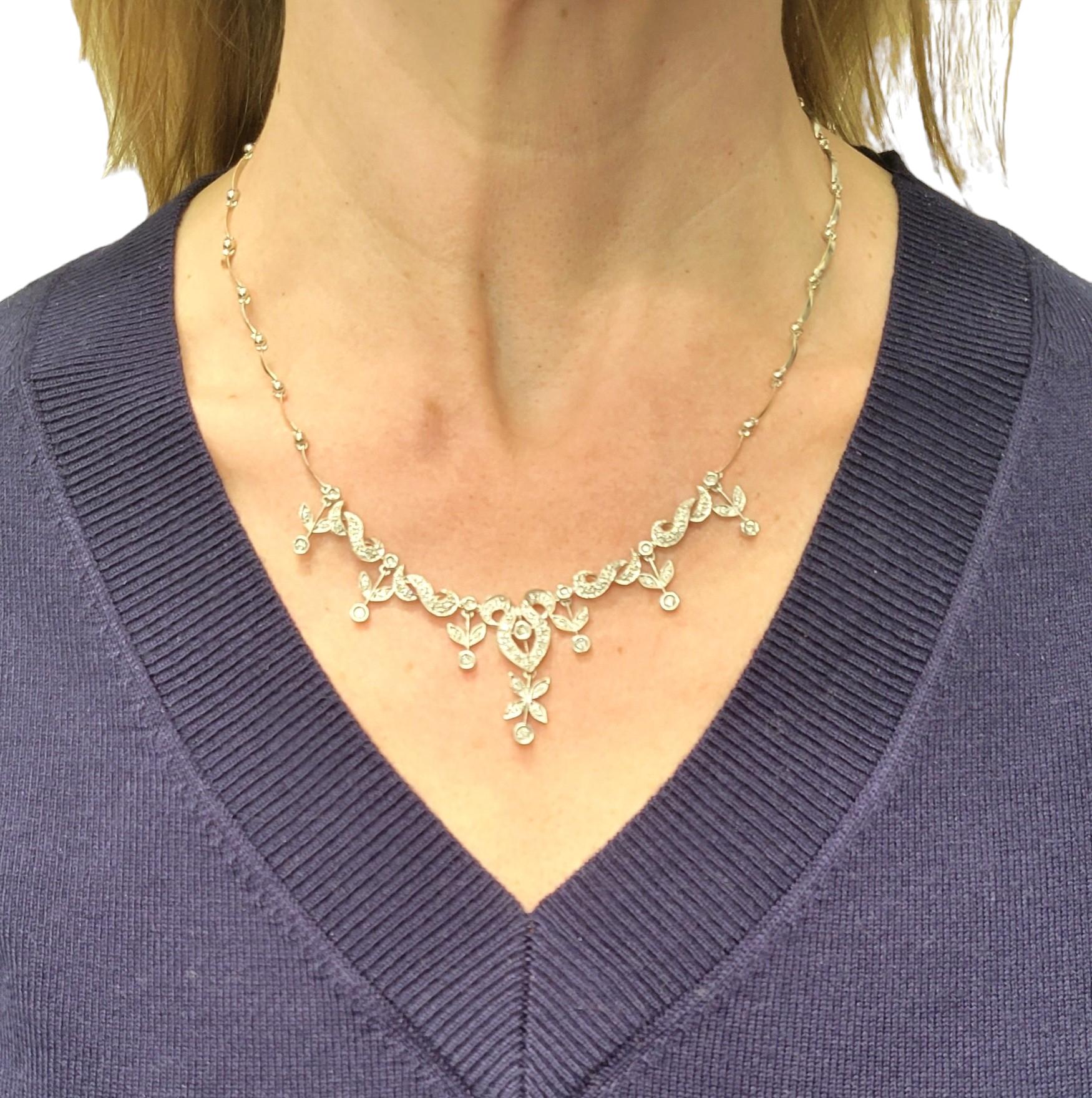 Women's Diamond Floral Motif Pendant Necklace with Milgrain Set in 18 Karat White Gold For Sale