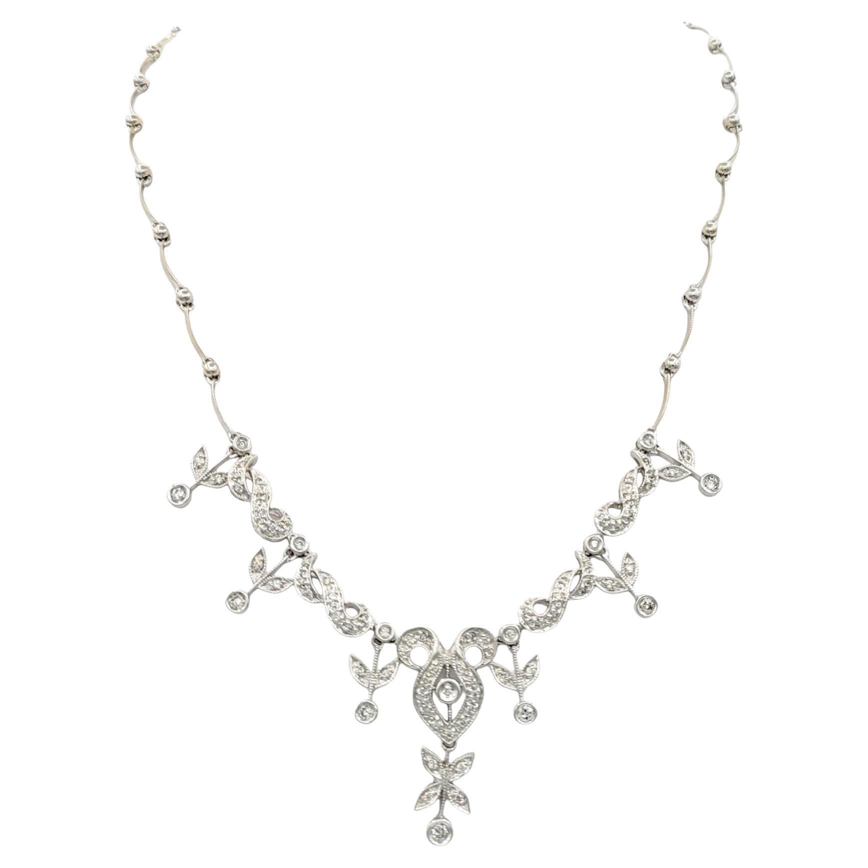 Diamond Floral Motif Pendant Necklace with Milgrain Set in 18 Karat White Gold For Sale