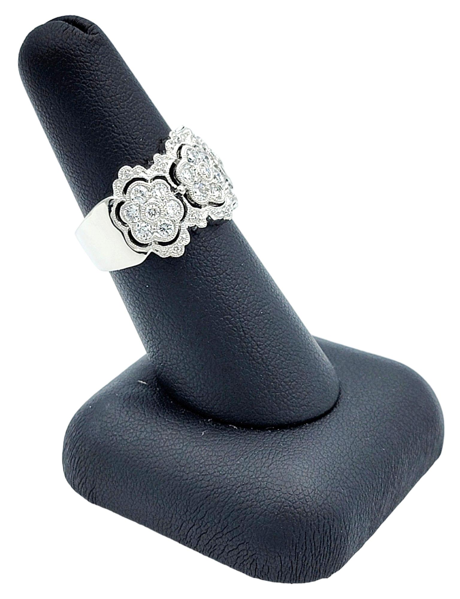 Diamond Floral Motif Wide Band Ring with Milgrain Detail in Polished Platinum For Sale 2