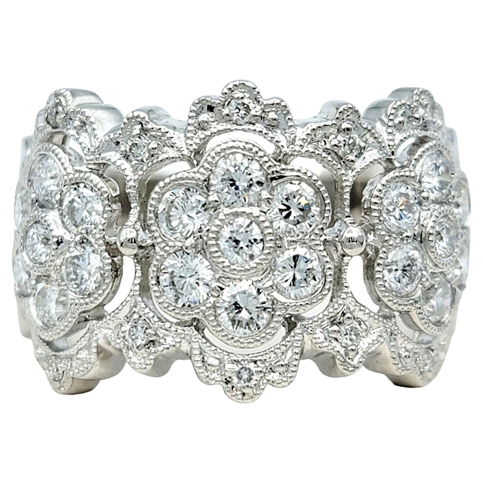 Diamond Floral Motif Wide Band Ring with Milgrain Detail in Polished Platinum For Sale