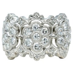 Diamond Floral Motif Wide Band Ring with Milgrain Detail in Polished Platinum