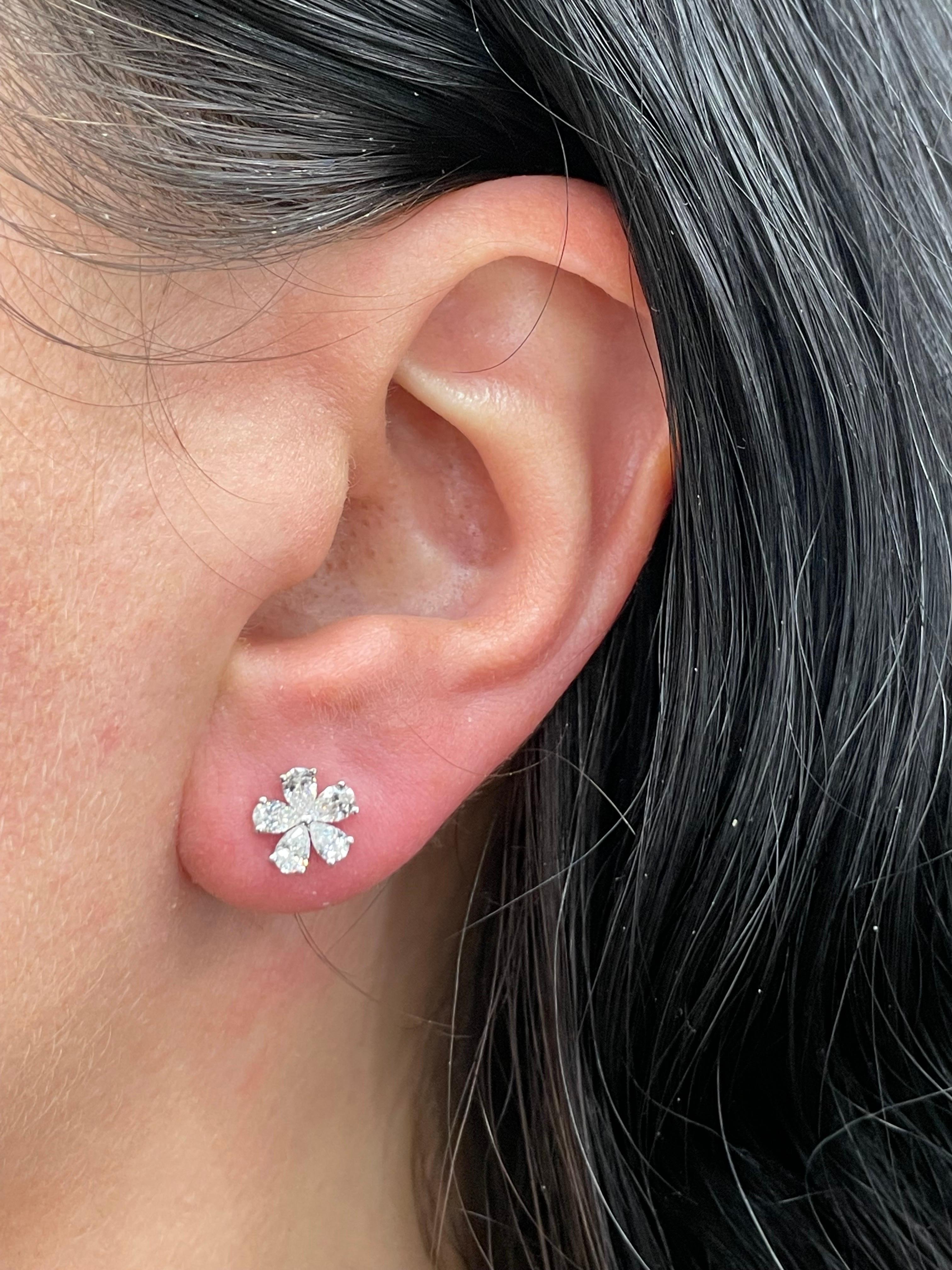 Pear Cut Diamond Floral Pear Shape Stud Earrings 0.89 Carats 14 Karat White Gold For Sale