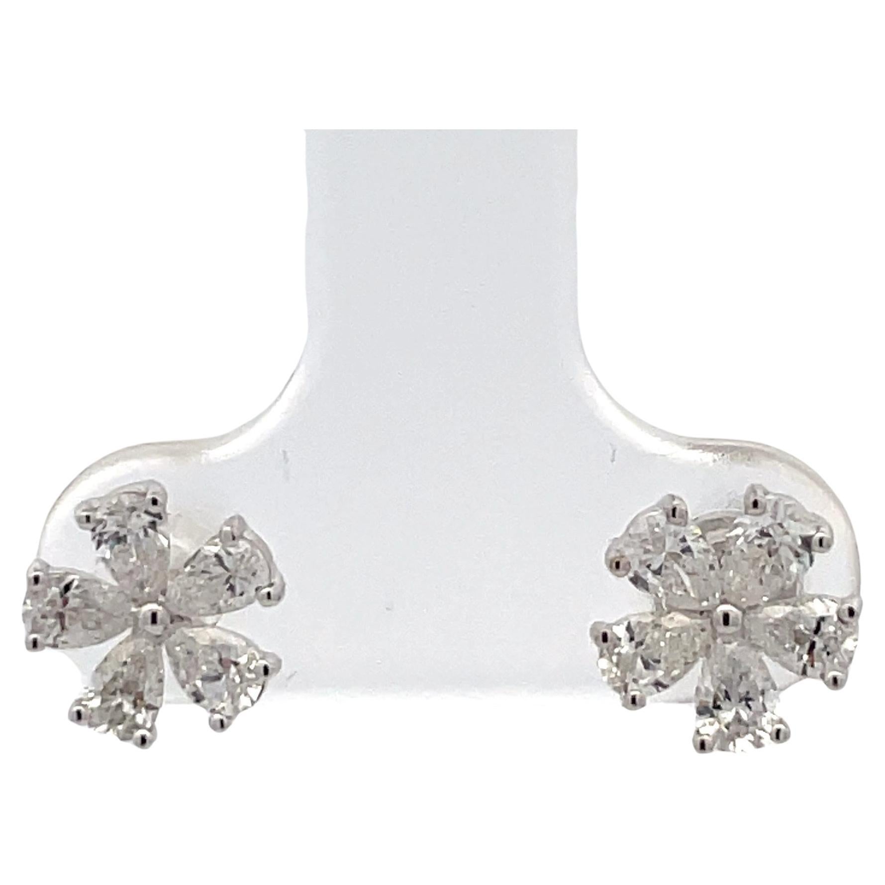 Diamond Floral Pear Shape Stud Earrings 0.89 Carats 14 Karat White Gold For Sale