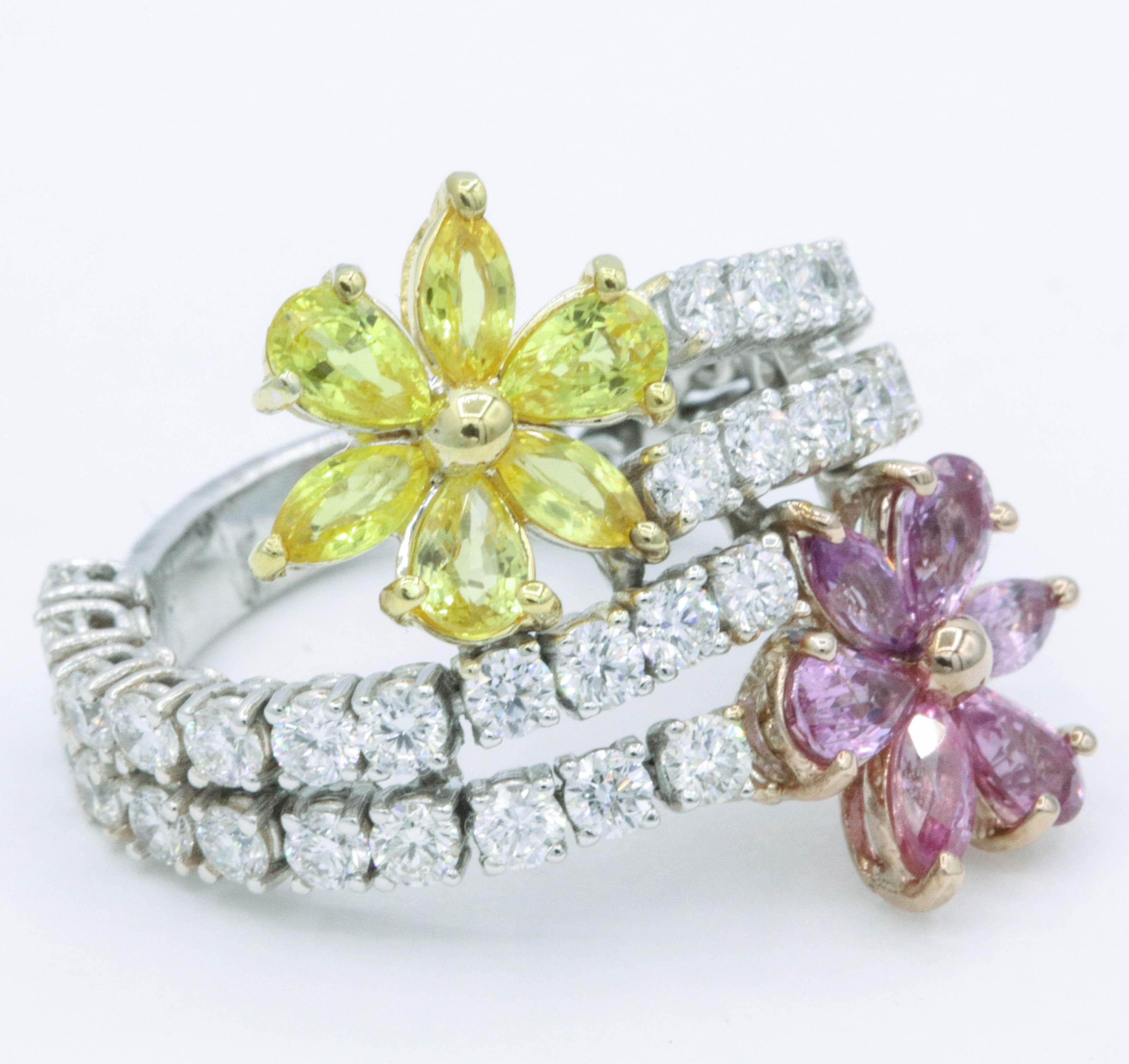 Flexibler Diamant-Diamant-Blumen-Saphir- und Diamantring 4,76 Karat 18K Weißgold für Damen oder Herren