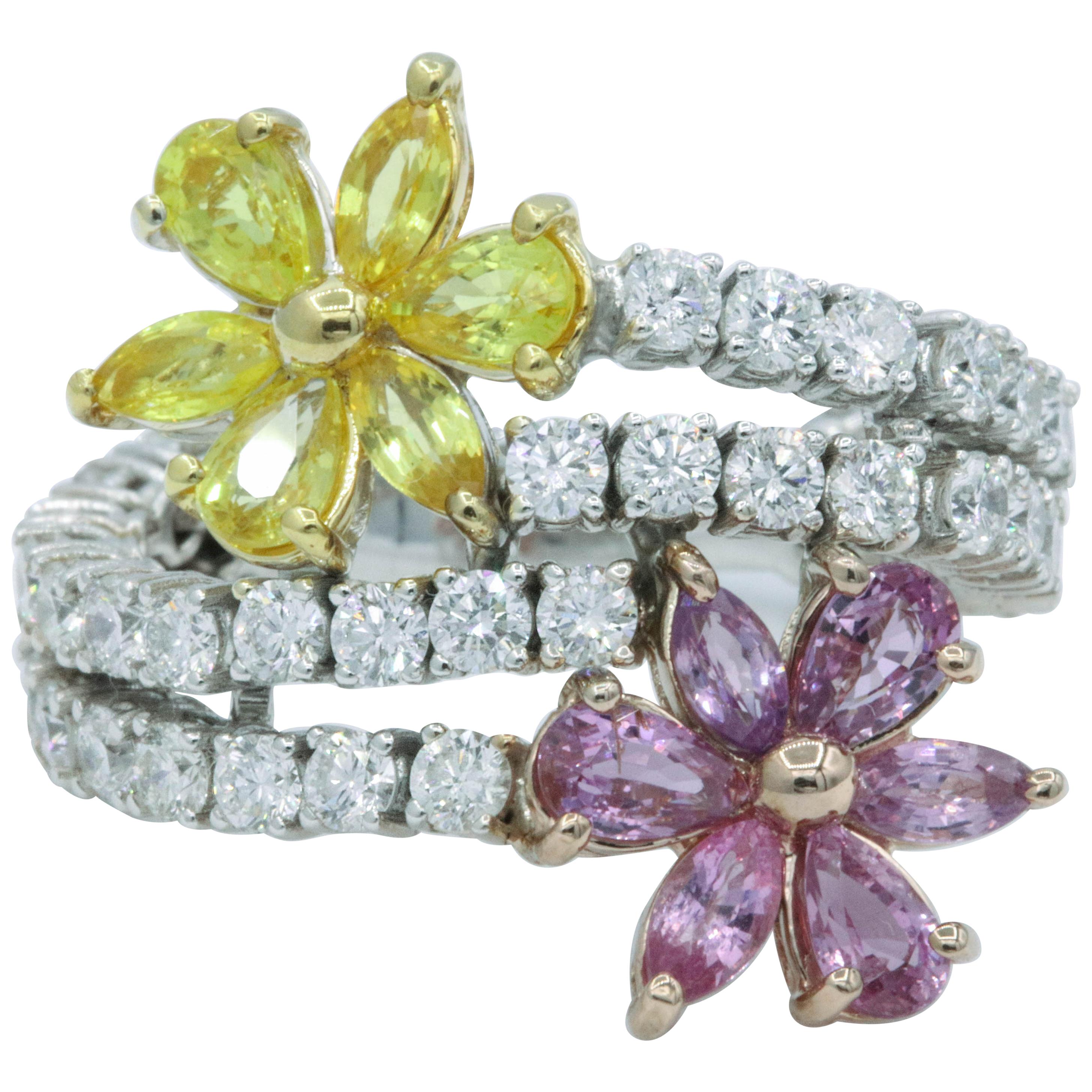 Flexibler Diamant-Diamant-Blumen-Saphir- und Diamantring 4,76 Karat 18K Weißgold