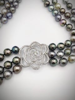 Diamond Floral Silhouette White Gold Motif 3-Strand Tahitian Pearl Necklace