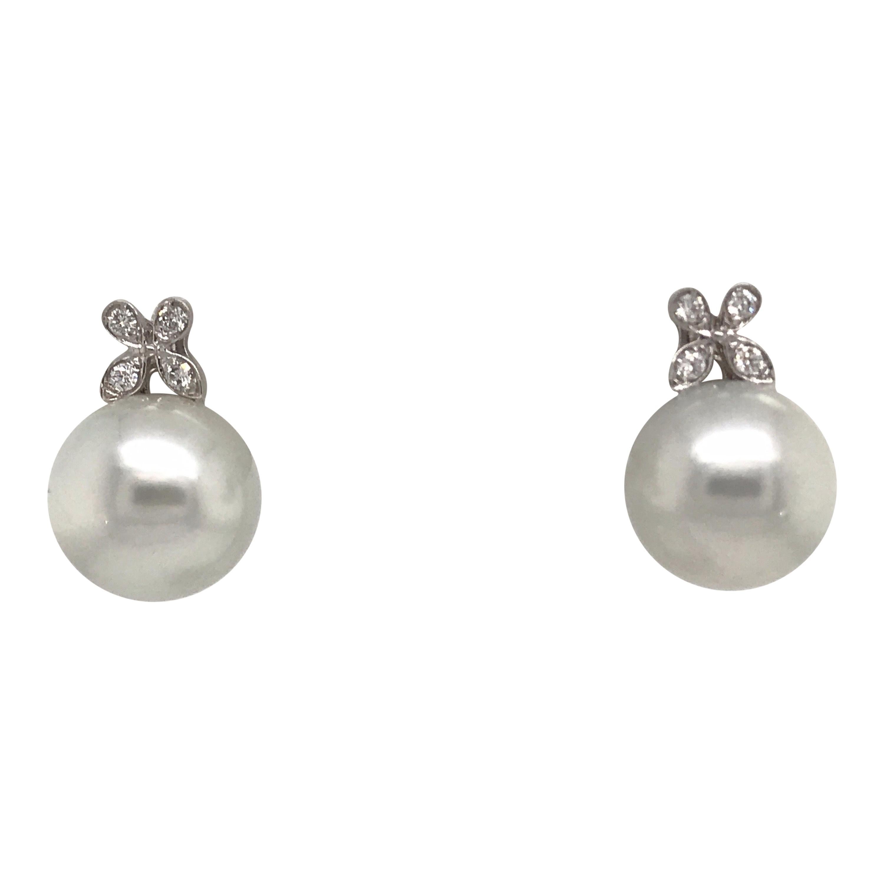 Diamond Floral South Sea Pearl Earrings 0.19 Carat 18 Karat White Gold For Sale
