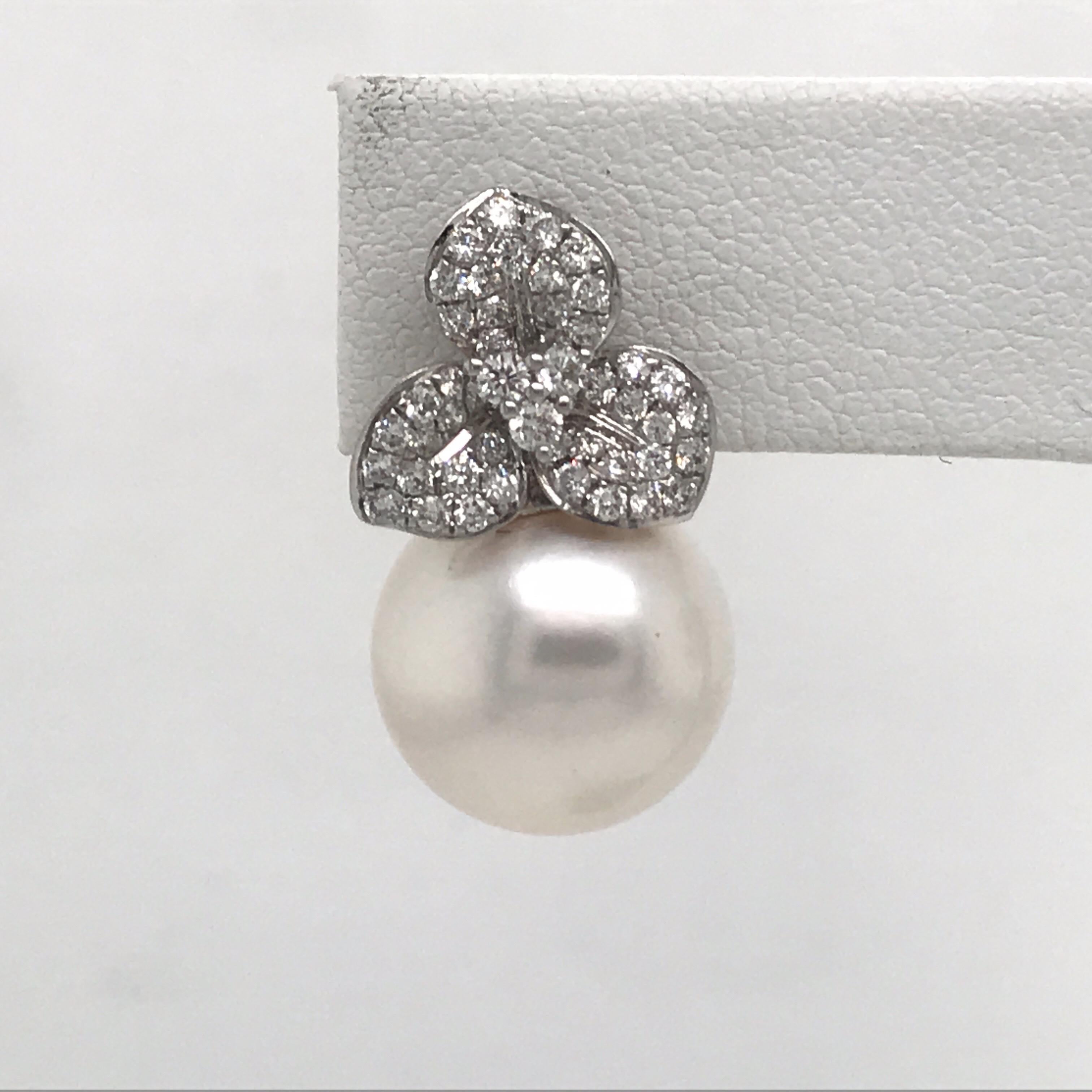 Round Cut Diamond Floral South Sea Pearl Earrings 0.88 Carat 18 Karat White Gold