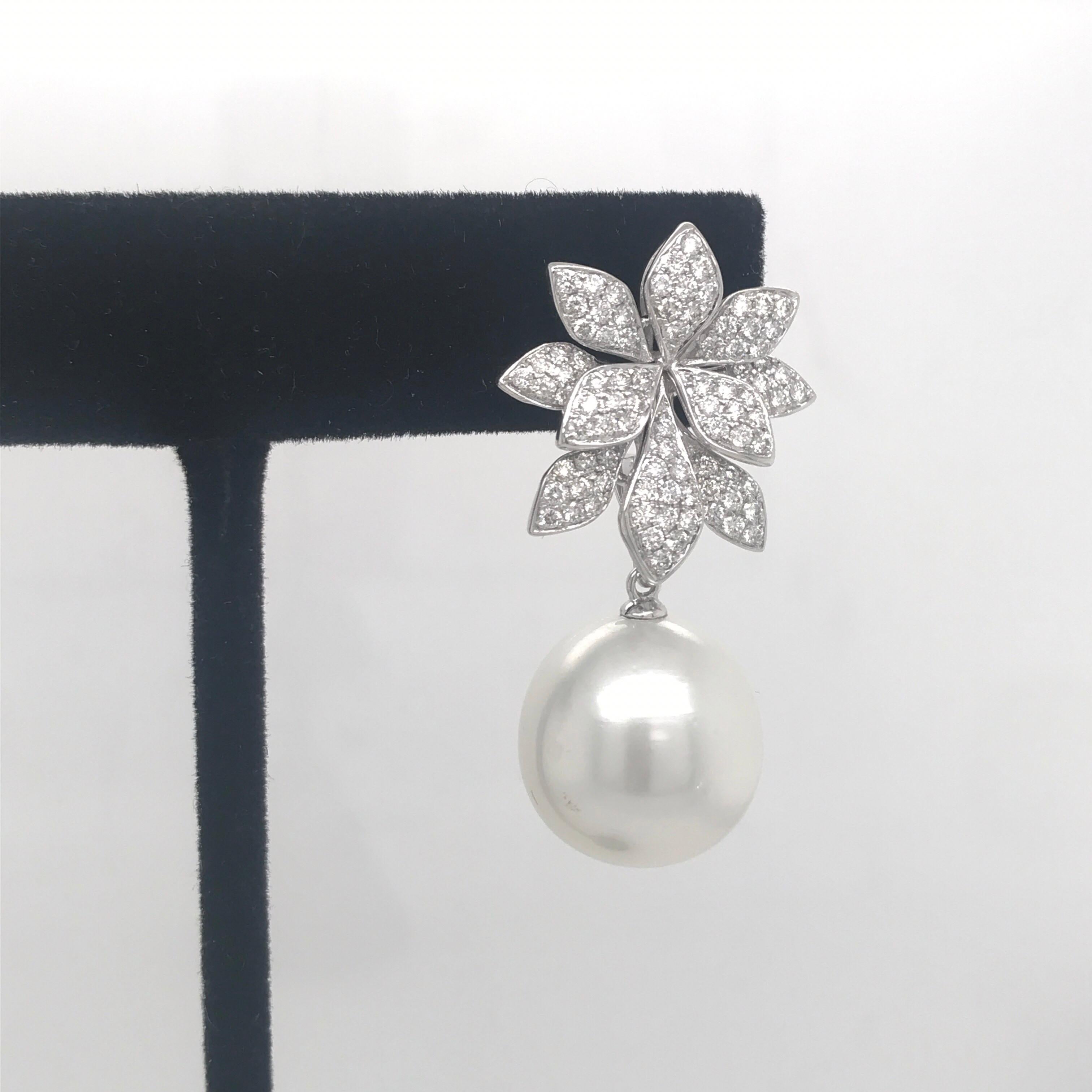 Contemporary Diamond Floral South Sea Pearl Earrings 1.62 Carat 18 Karat White Gold