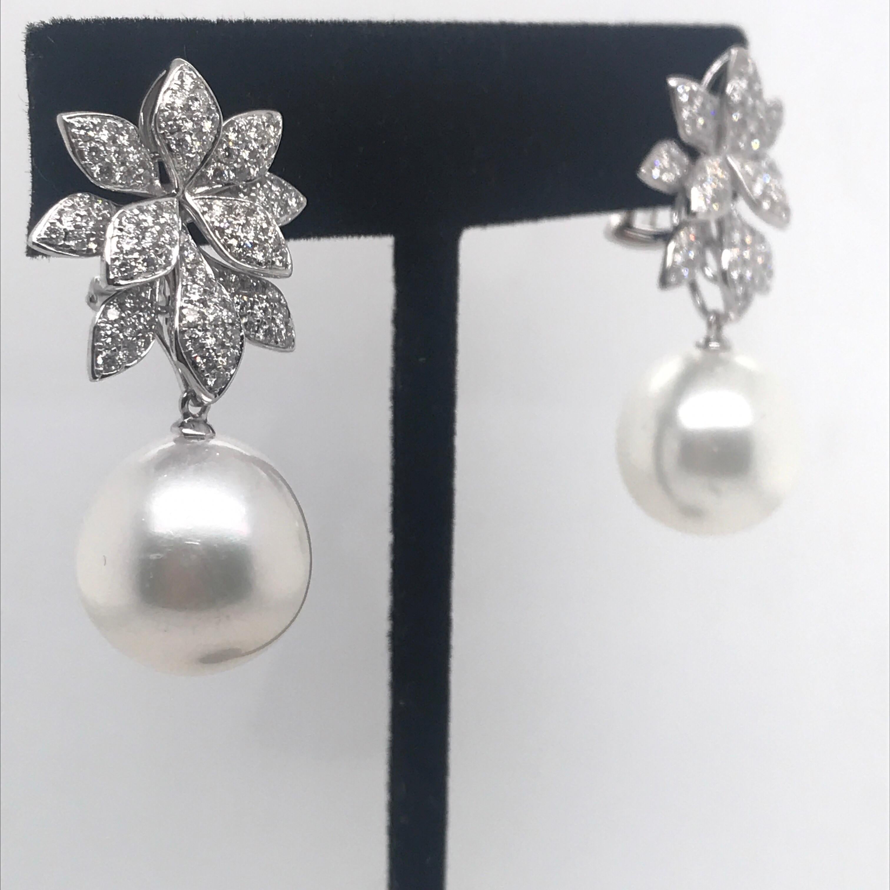 Round Cut Diamond Floral South Sea Pearl Earrings 1.62 Carat 18 Karat White Gold