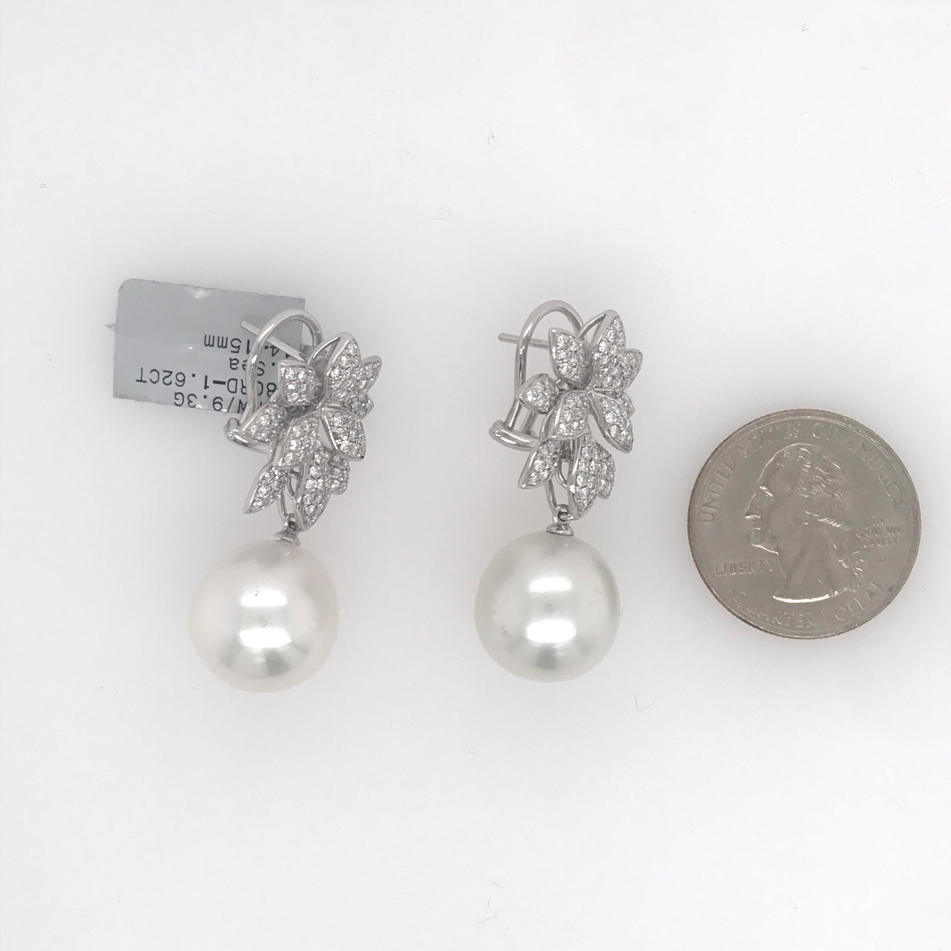 Diamond Floral South Sea Pearl Earrings 1.62 Carat 18 Karat White Gold In New Condition In New York, NY