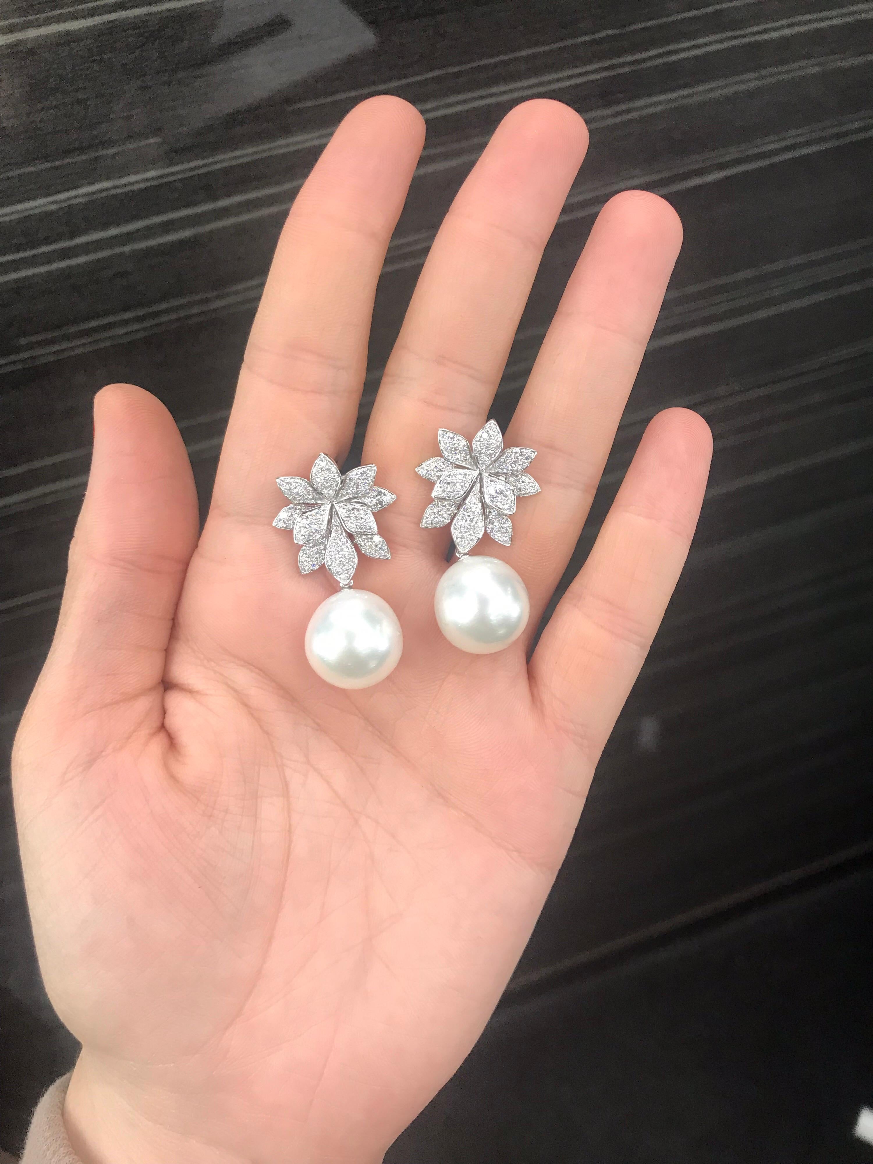 Women's Diamond Floral South Sea Pearl Earrings 1.62 Carat 18 Karat White Gold