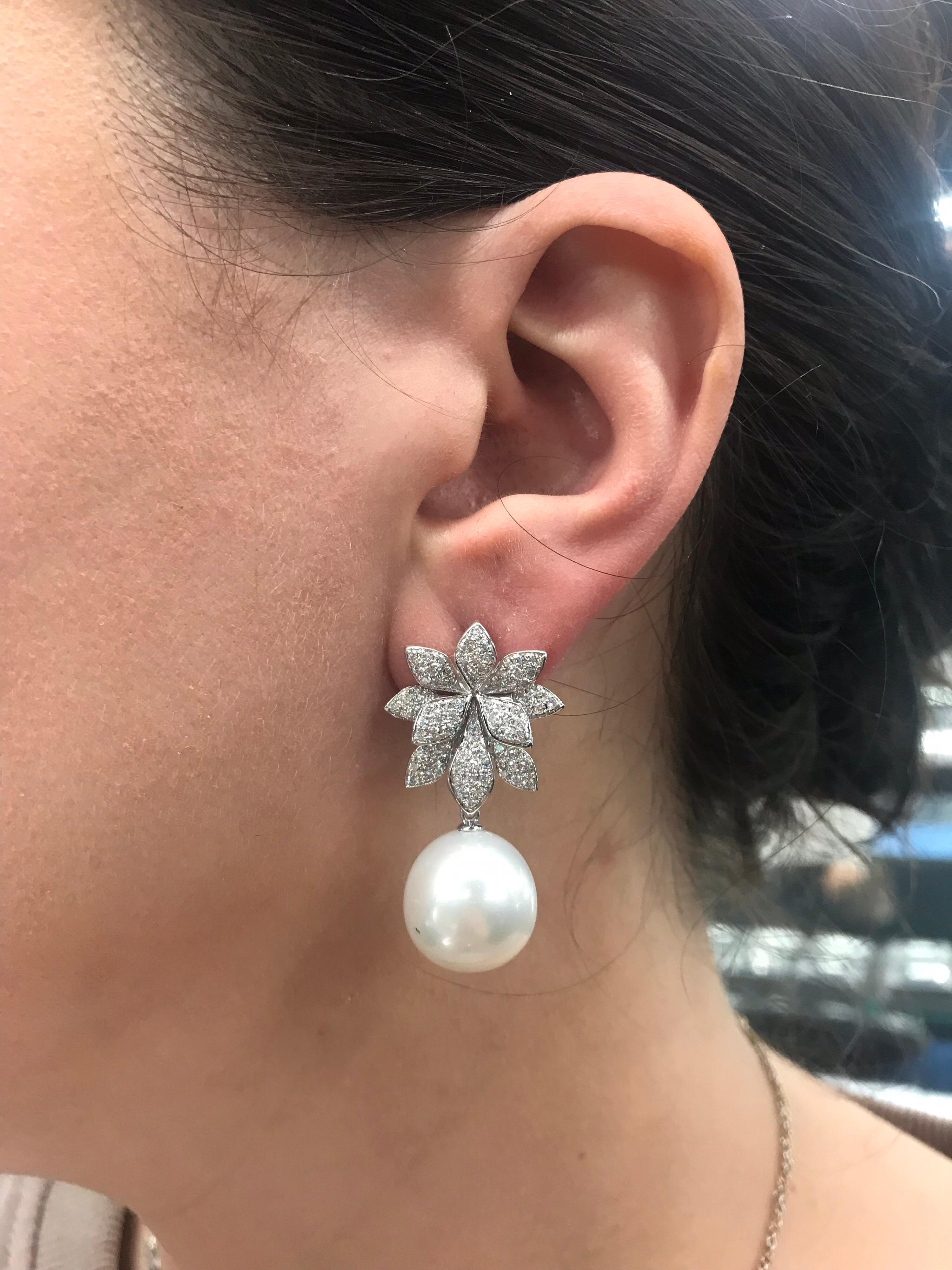 Diamond Floral South Sea Pearl Earrings 1.62 Carat 18 Karat White Gold 1