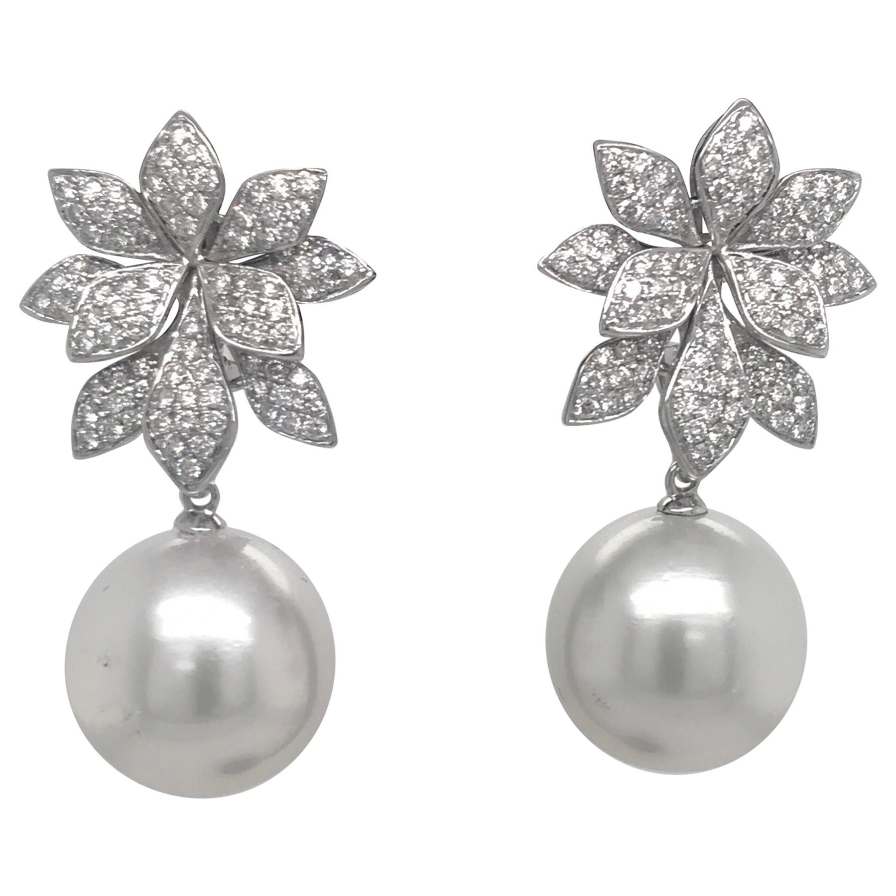 Diamond Floral South Sea Pearl Earrings 1.62 Carat 18 Karat White Gold