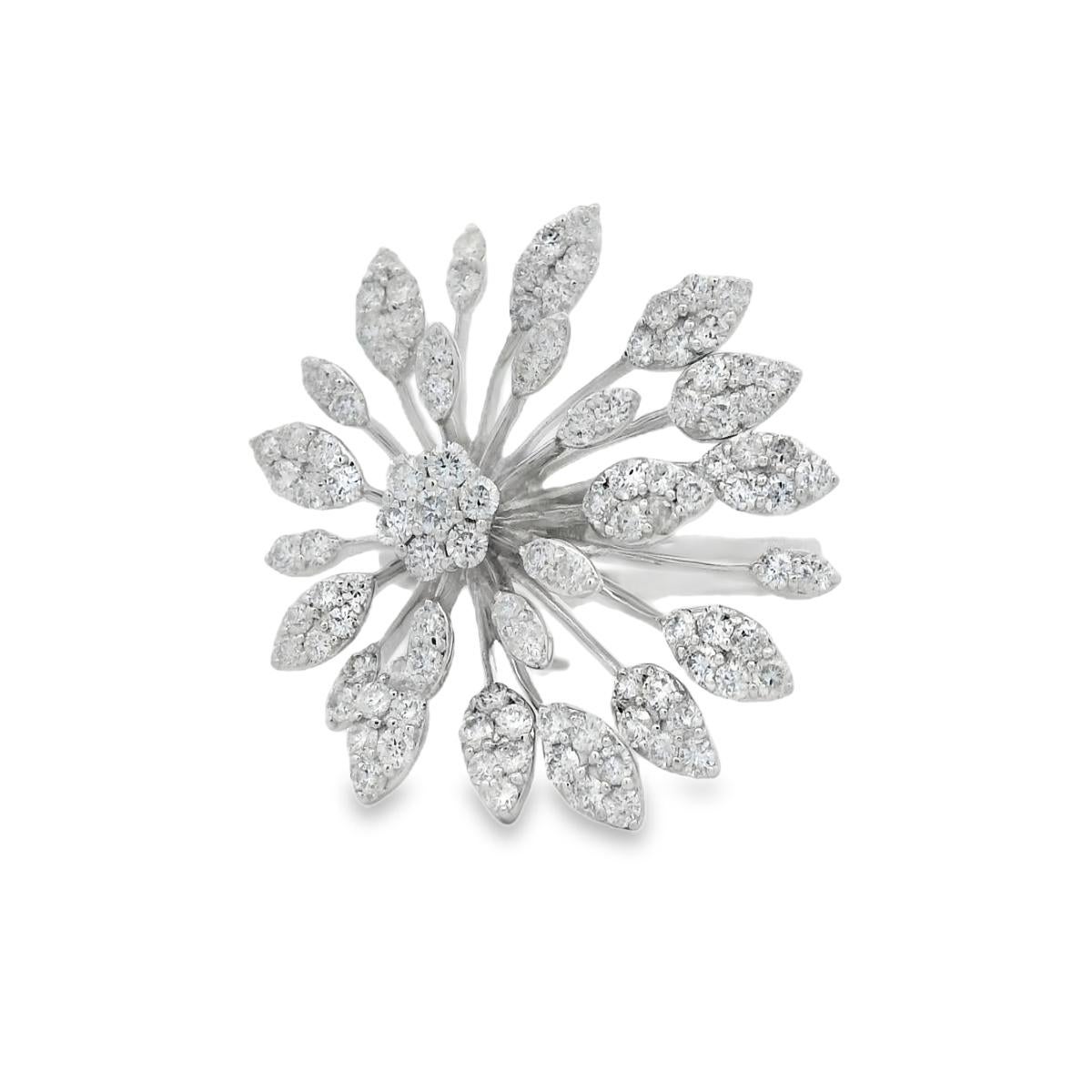 Contemporain Diamond Floral Spray Cocktail Ring 1.33ct in 14K White Gold Size 7 en vente