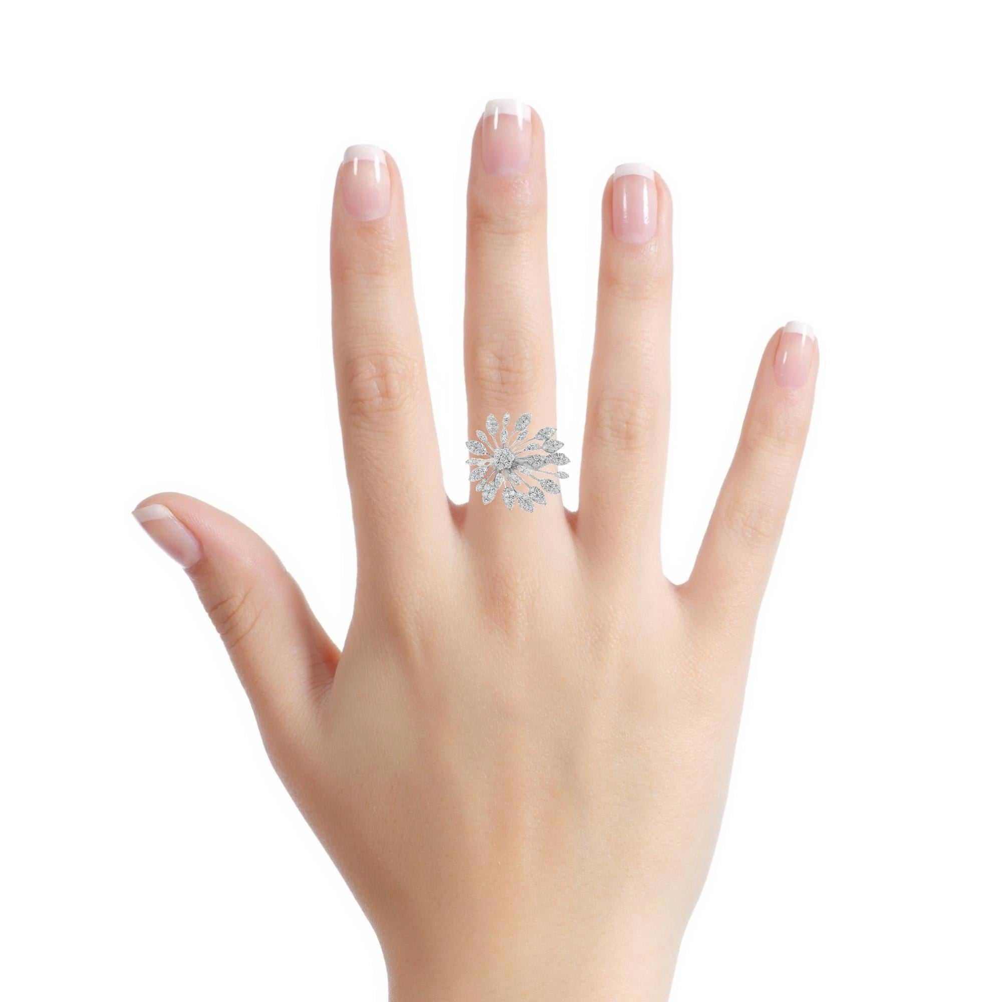 Diamond Floral Spray Cocktail Ring 1.33ct in 14K White Gold Size 7 en vente 1