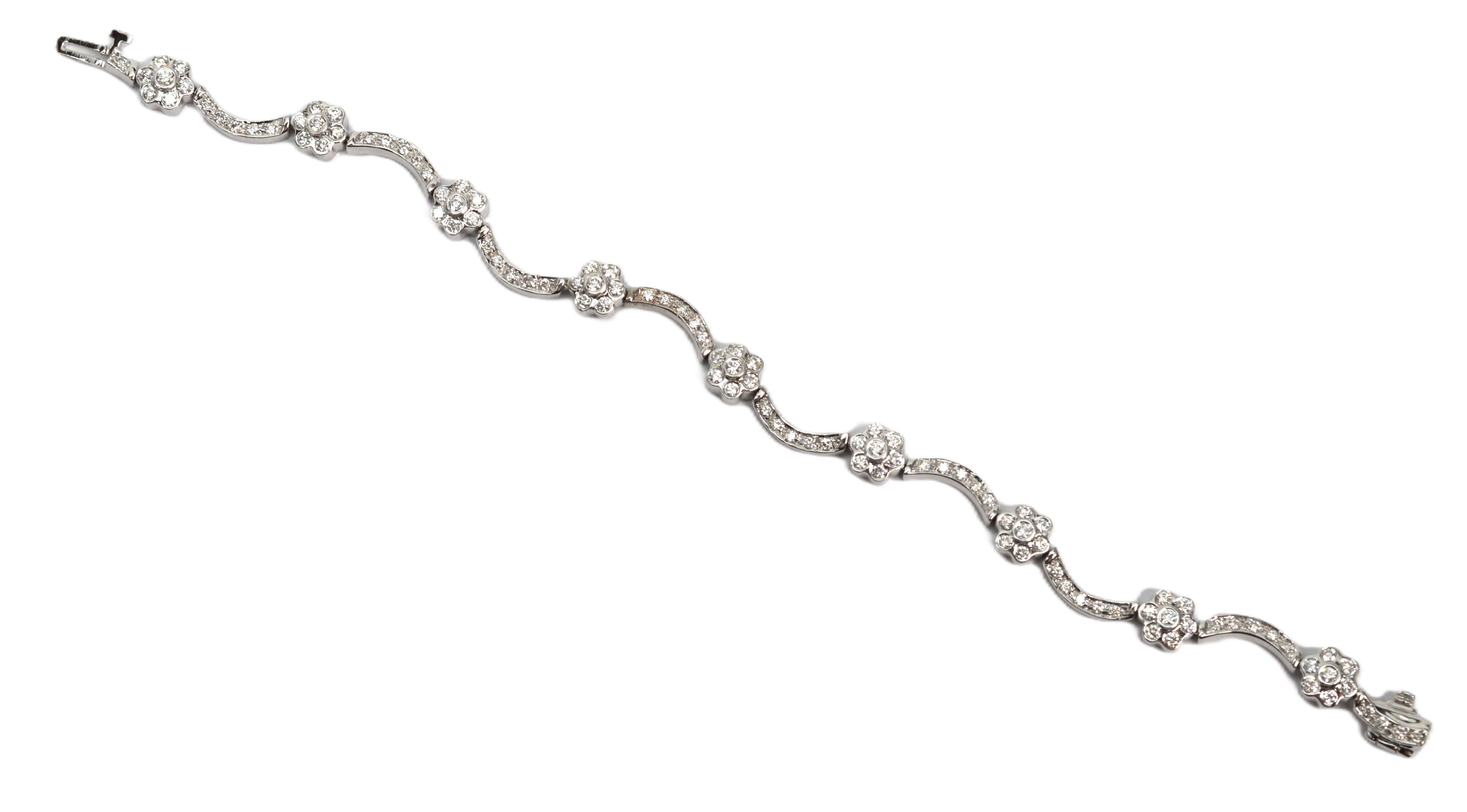 Round Cut Diamond Floral Inspired 14 Karat White Gold Bracelet For Sale