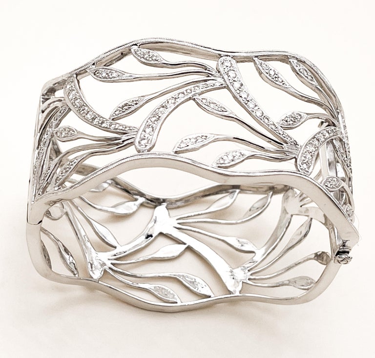 Diamond Floral Vine White Gold Bangle Bracelet For Sale at 1stDibs