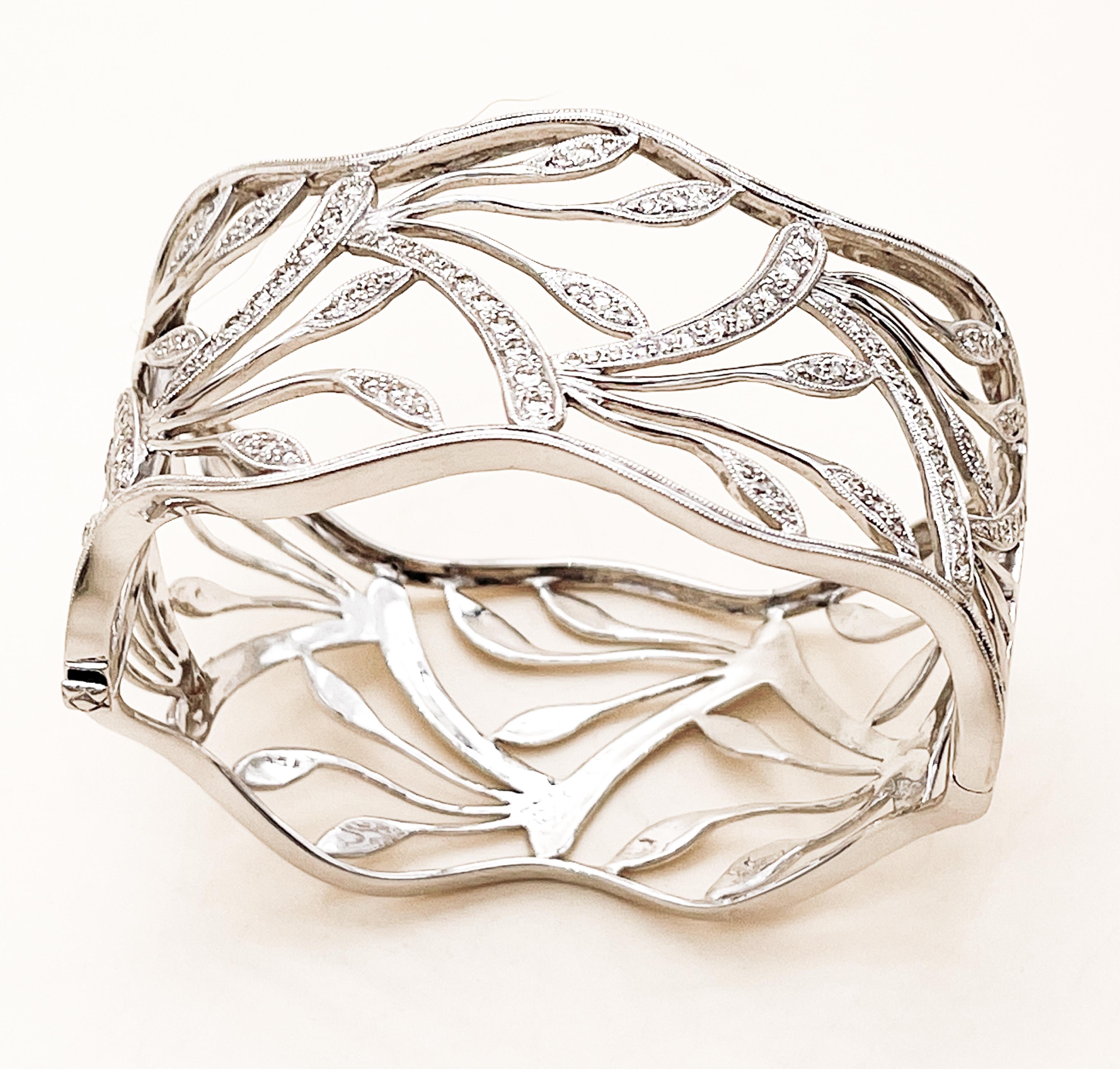 Women's Diamond Floral Vine White Gold Bangle Bracelet For Sale