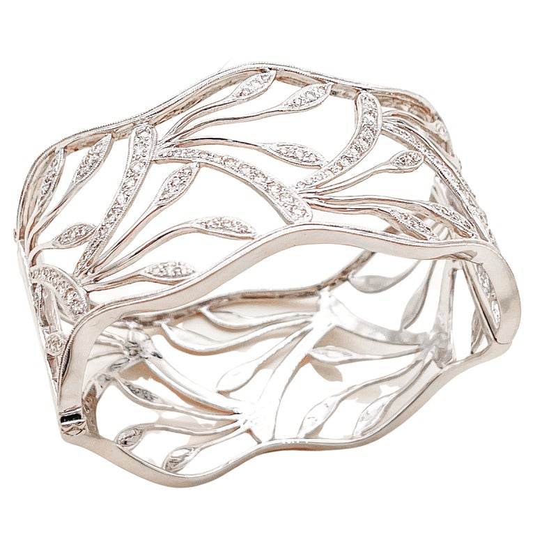 Diamond Floral Vine White Gold Bangle Bracelet For Sale at 1stDibs