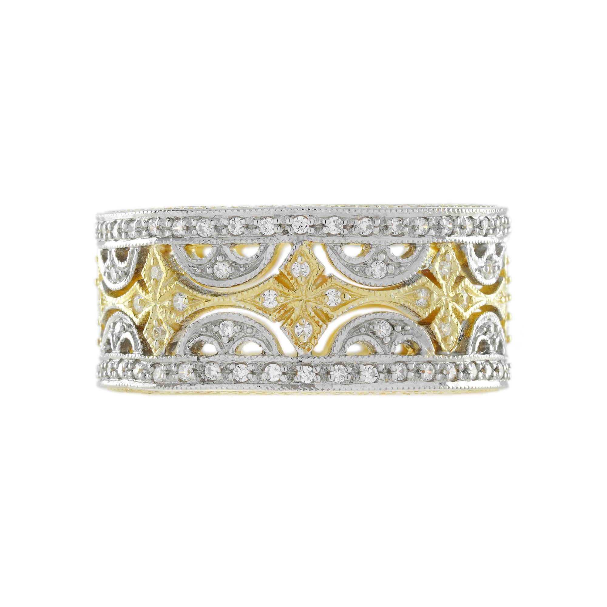 Edwardian Diamond Floral Wide Wedding Band Stackable Ring in 18K Two Tone Gold For Sale