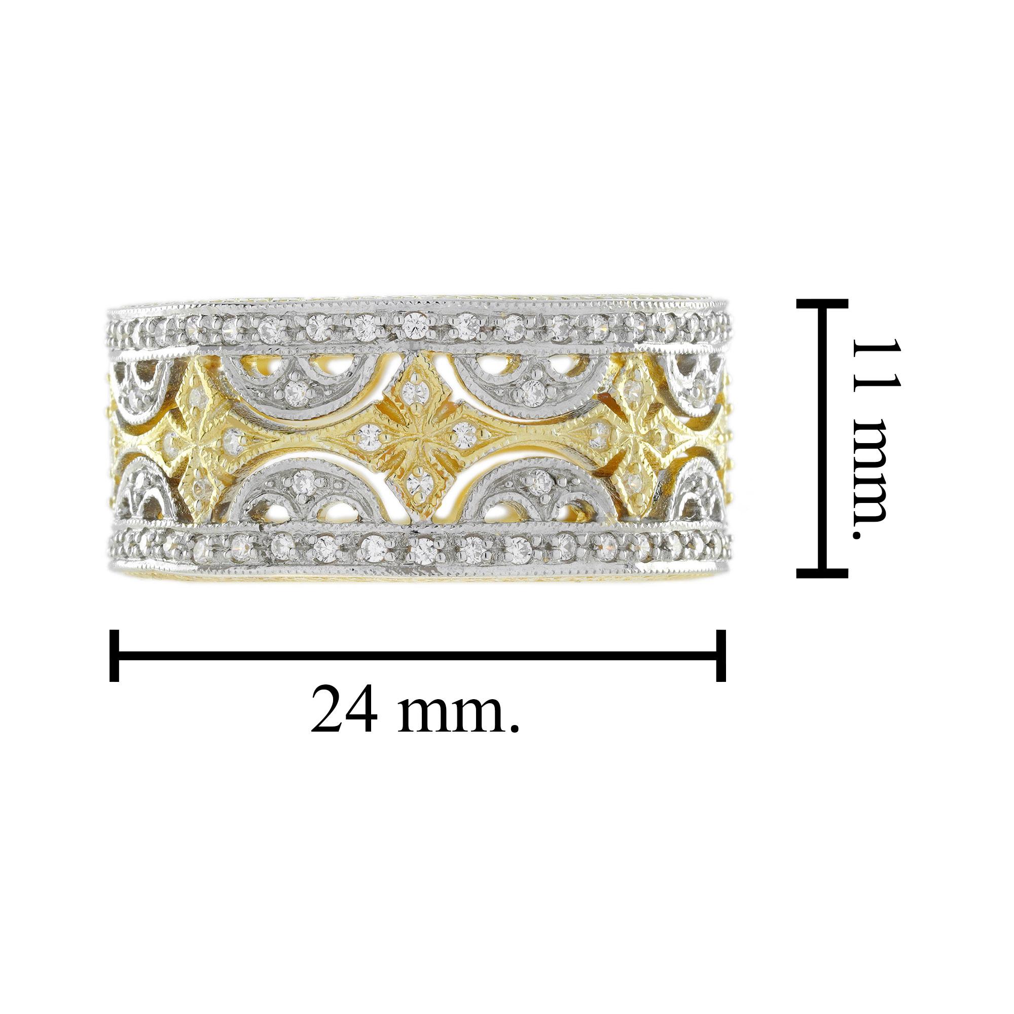 Diamant-Blumenring mit breitem, stapelbarem Ehering aus 18 Karat zweifarbigem Gold mit Blumenmuster Damen im Angebot