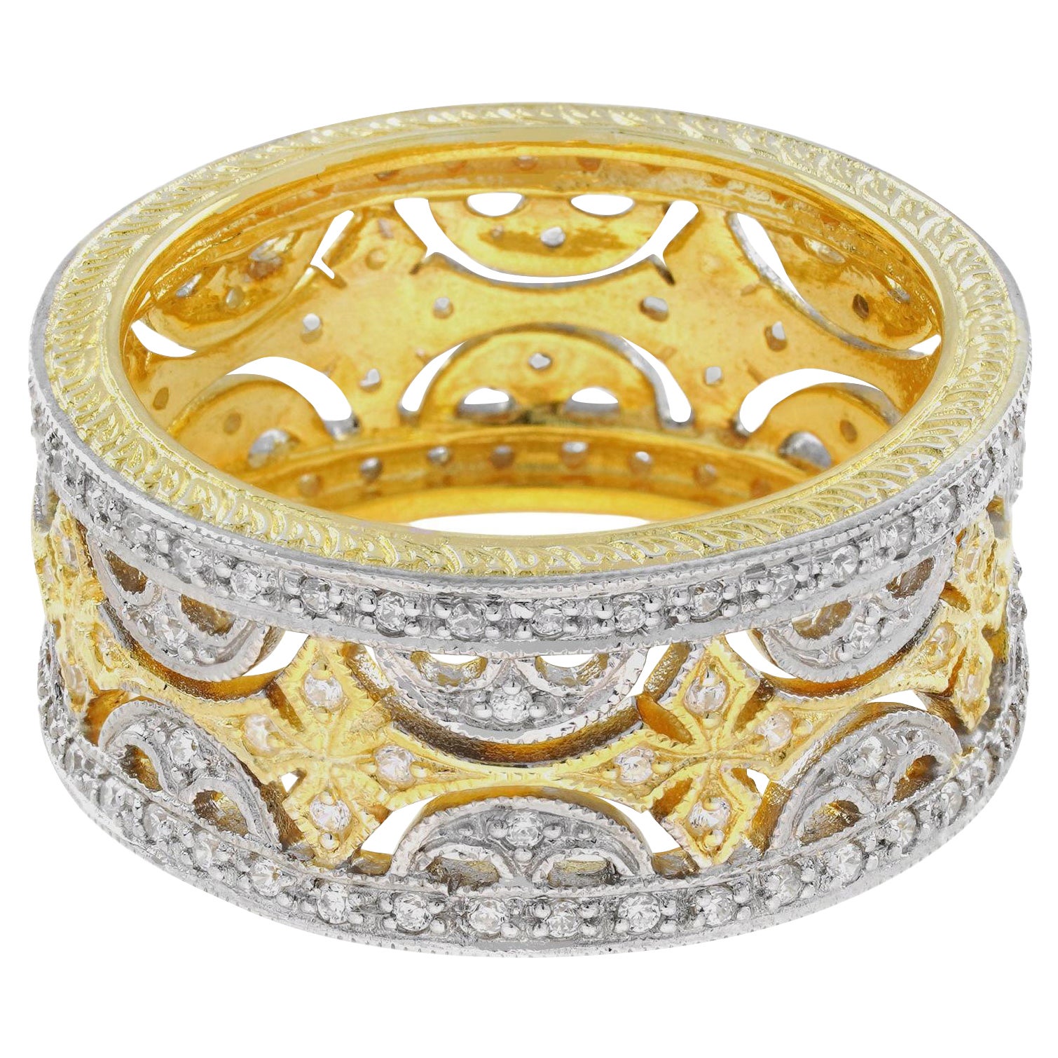 Diamant-Blumenring mit breitem, stapelbarem Ehering aus 18 Karat zweifarbigem Gold mit Blumenmuster