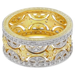 Diamant-Blumenring mit breitem, stapelbarem Ehering aus 18 Karat zweifarbigem Gold mit Blumenmuster