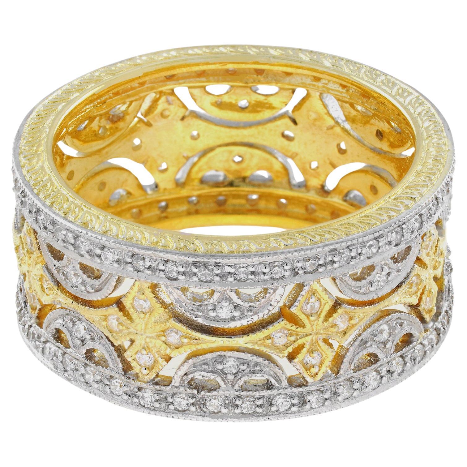 Diamant-Blumenring mit breitem, stapelbarem Ehering aus 18 Karat zweifarbigem Gold mit Blumenmuster im Angebot