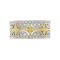 Diamond Floral Wide Wedding Stackable Band 18K White Two Tone Gold Ring (bague en or blanc bicolore avec diamants)