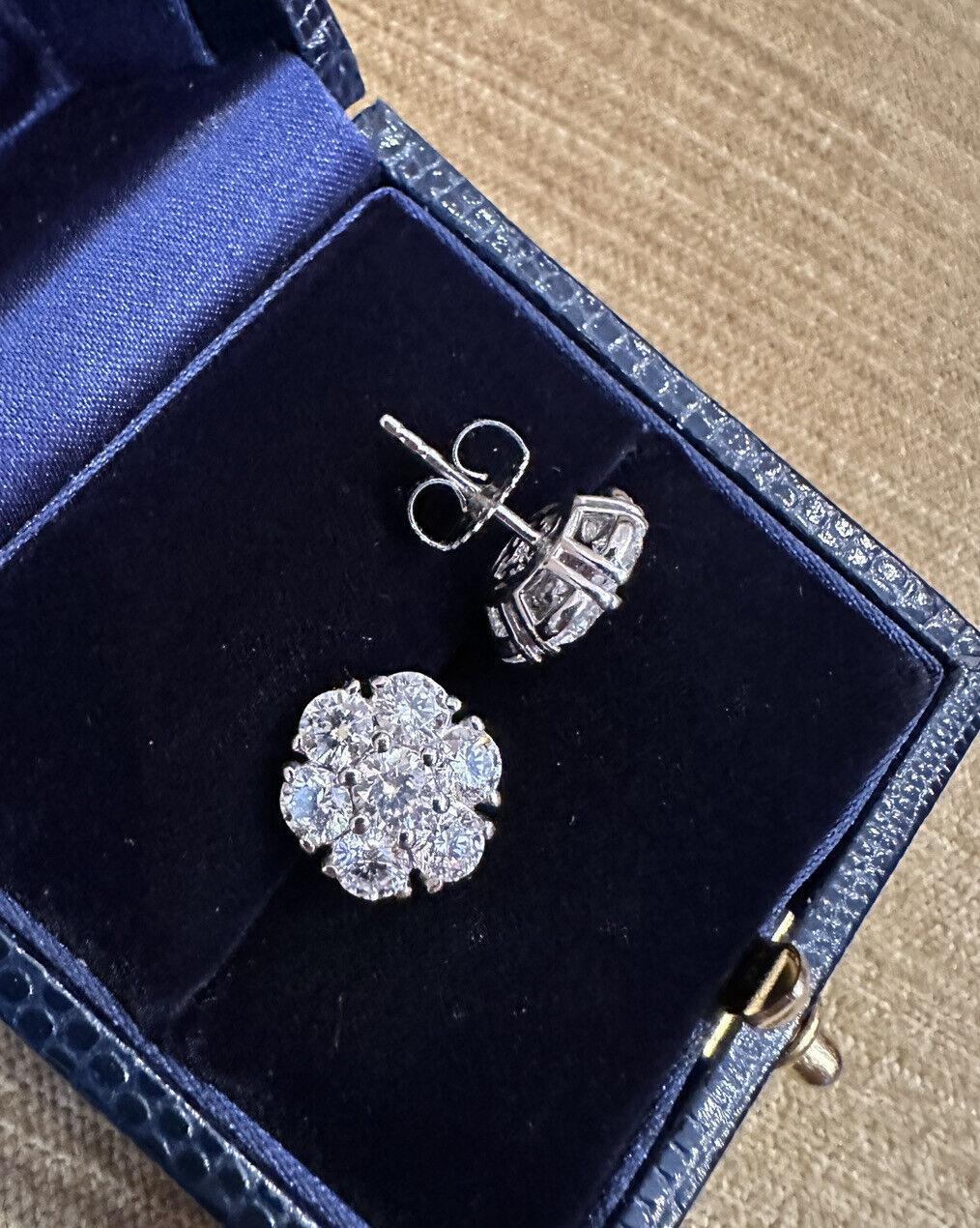 Round Cut Diamond Floret Cluster Stud Earrings 3.10 Carat Total Weight in 14k White Gold For Sale
